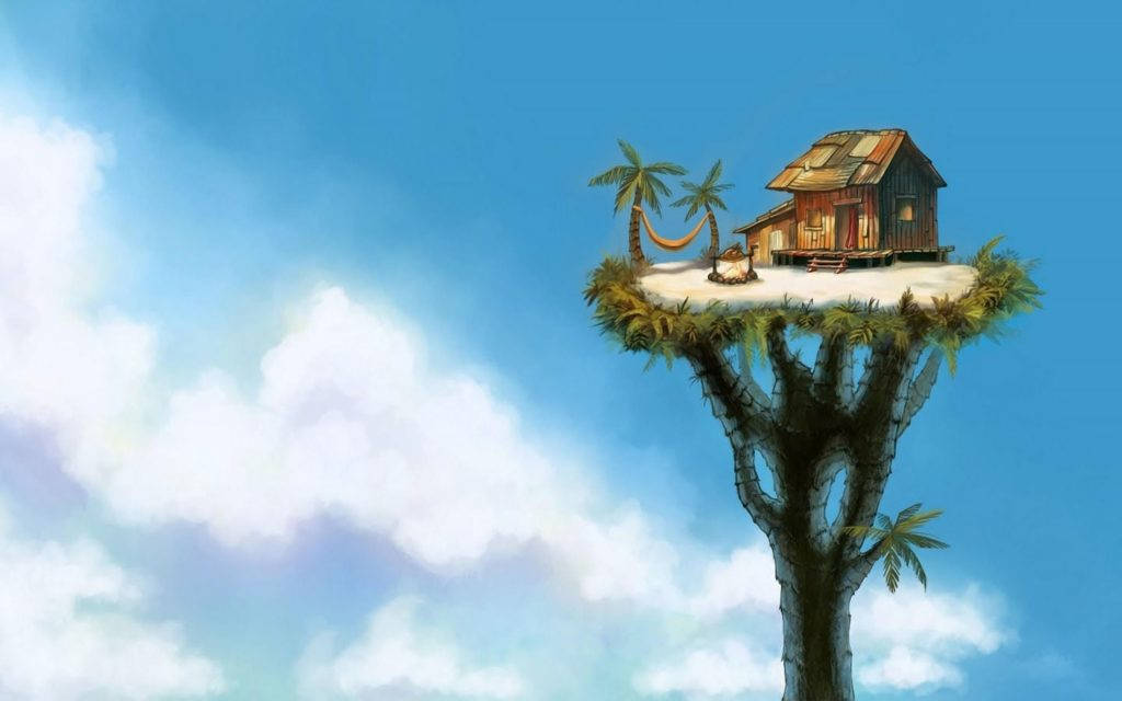 Cool 4K 桌布 壁紙 — 一間舒適的木屋棲息在巨大的樹幹頂端，背景是明亮的藍天和 fluffy 的白雲。
