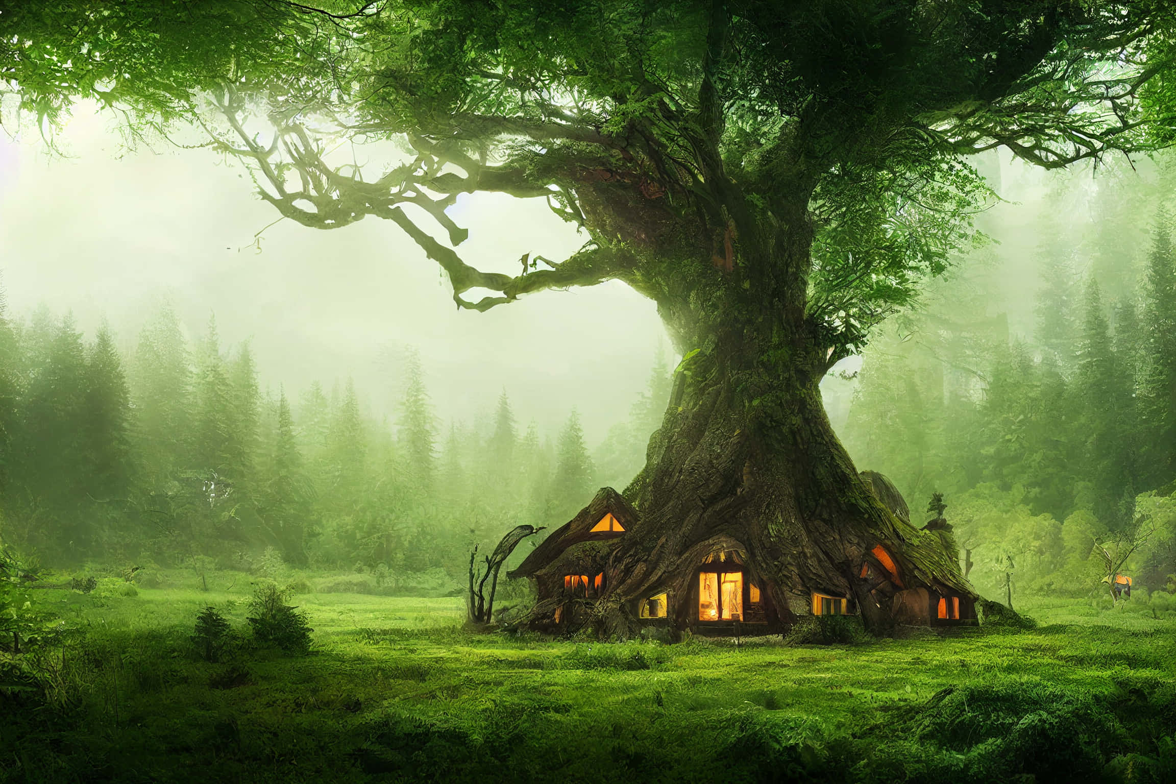Aesthetic Nature 桌布 壁紙 — 一間舒適的樹屋坐落在巨大的古樹中，在霧氣瀰漫的綠色森林中溫暖地發光。