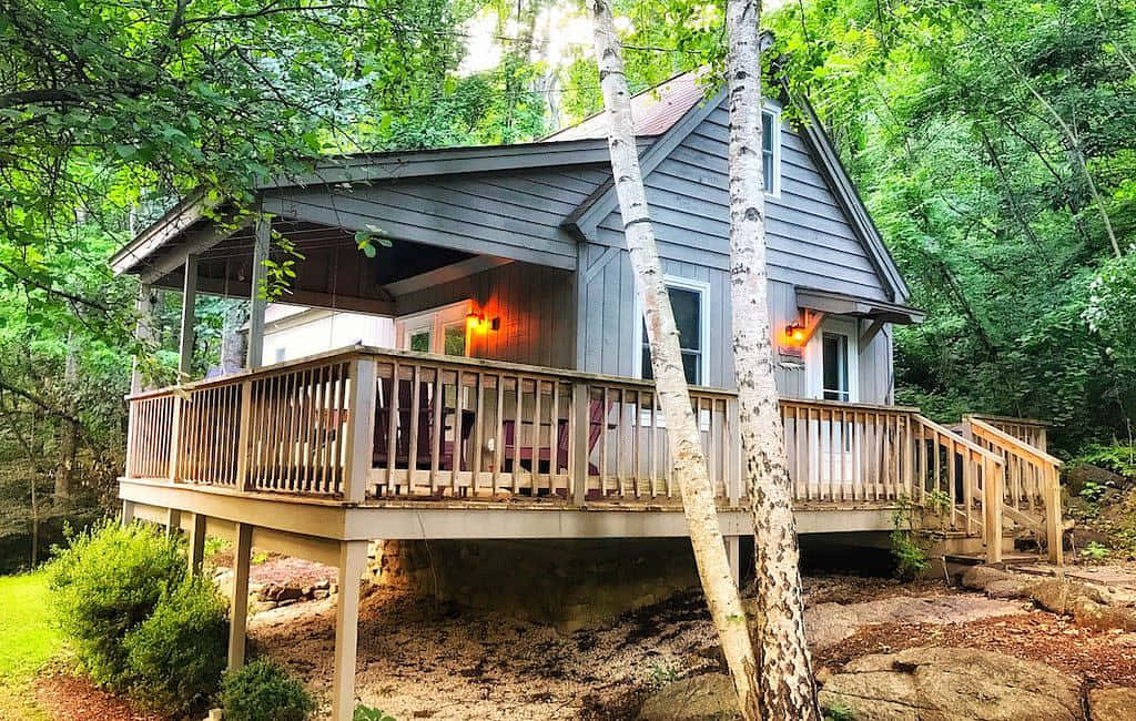 Fall Cabin 桌布 壁紙 — 一間舒適的灰色小屋，帶有木質露台，坐落在茂密的綠樹和白樺樹幹之間。