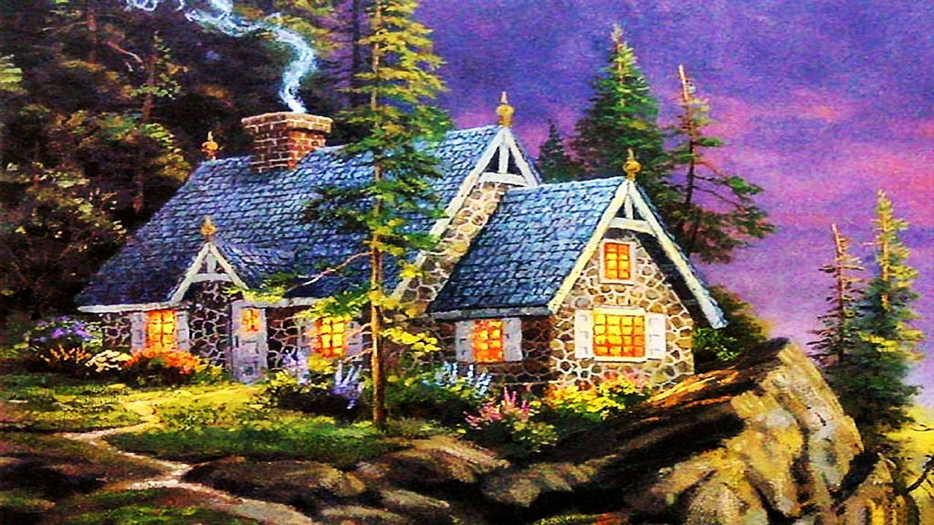 Home Sweet Home 桌布 壁紙 — 一間舒適的石屋，窗戶透出光芒，坐落在松樹林中，上方是充滿活力的紫色暮色天空。