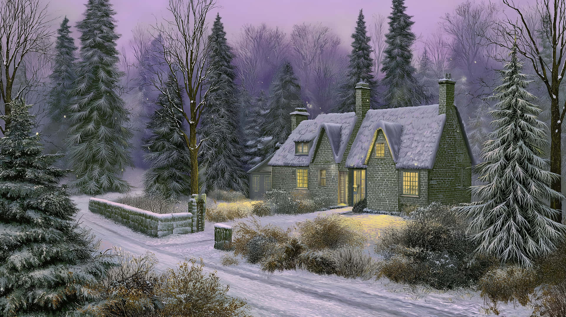Cozy Stone Cottage in a Snowy Forest During a Winter Evening 壁紙 — 一間舒適的石屋，窗戶透出溫暖的光芒，坐落在雪地森林中，背景是紫色的暮色天空。