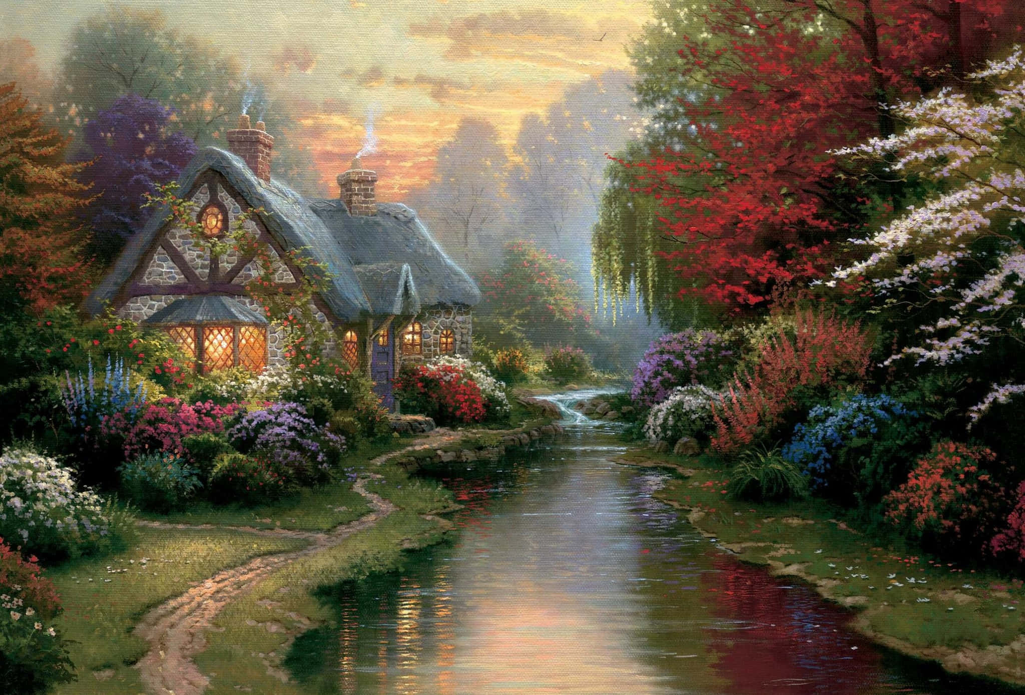 Painting 桌布 壁紙 — 一間舒適的石屋，茅草屋頂，坐落在寧靜的小溪旁，周圍是鮮豔的秋葉和夕陽下閃爍的窗戶。