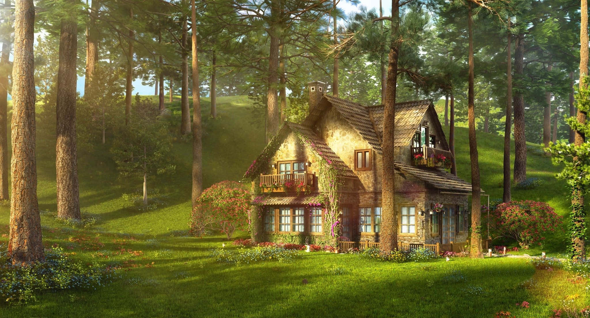Fairy Forest 桌布 壁紙 — 一間舒適的石頭小屋坐落在陽光明媚的松樹林中，周圍有鮮豔的野花，溫暖的金色光線穿過高大的樹木。