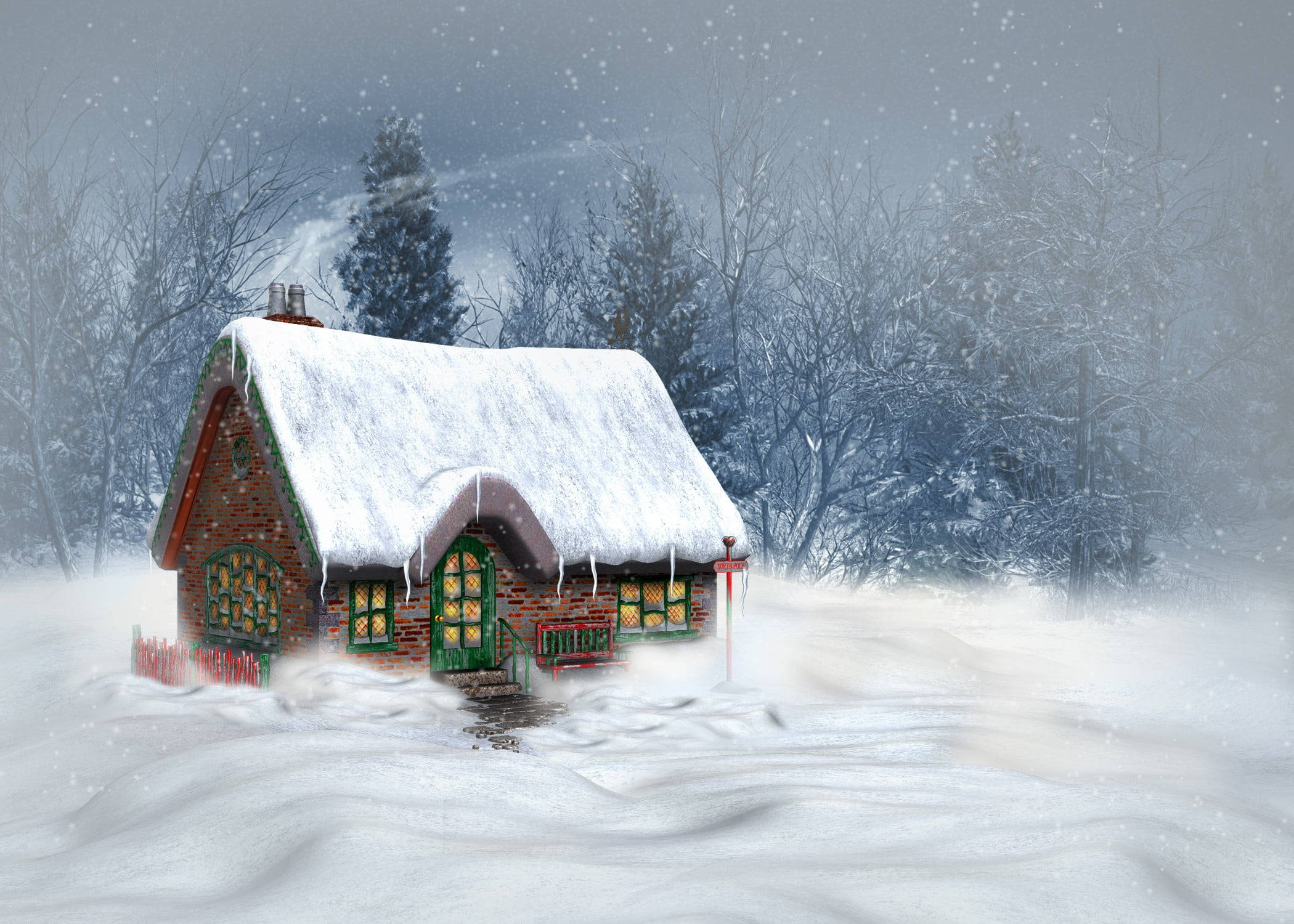 Winter House 桌布 壁紙 — 一間舒適的磚砌小屋，帶有綠色飾邊和發光的窗戶，坐落在深雪中，灰濛濛的冬日天空下。