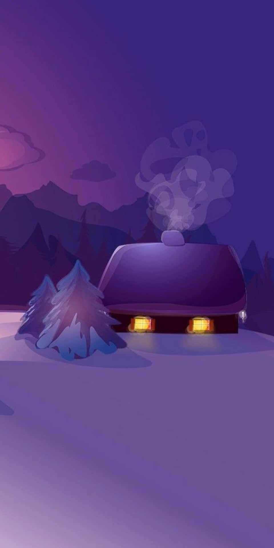  壁紙 — 一間舒適的積雪小屋，溫暖發光的窗戶和升起的煙霧，獨自矗立在紫色調的冬季山景中。