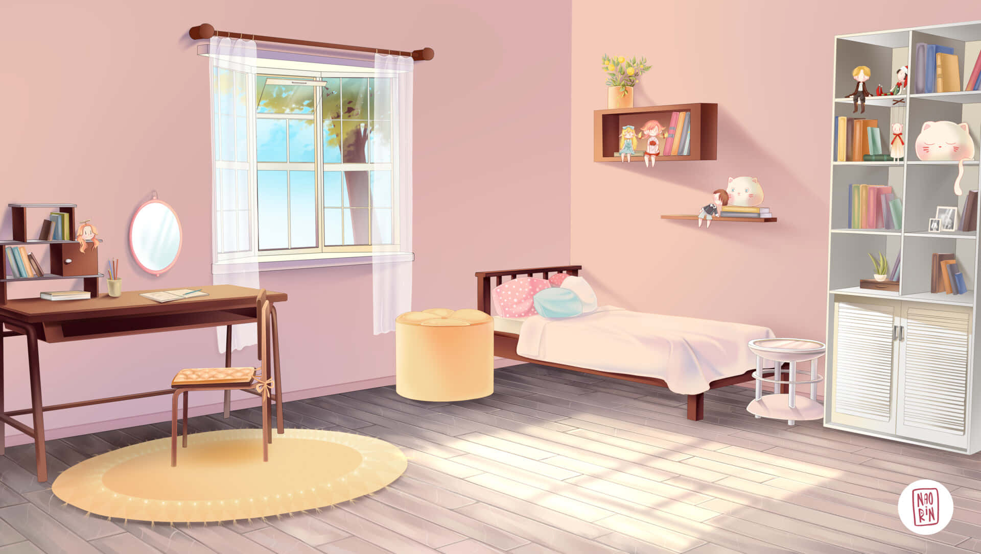 Cute Anime Bedroom 桌布 壁紙 — 一間舒適的粉彩粉紅色臥室，溫暖的陽光透過帶有薄紗窗簾的窗戶灑進來。