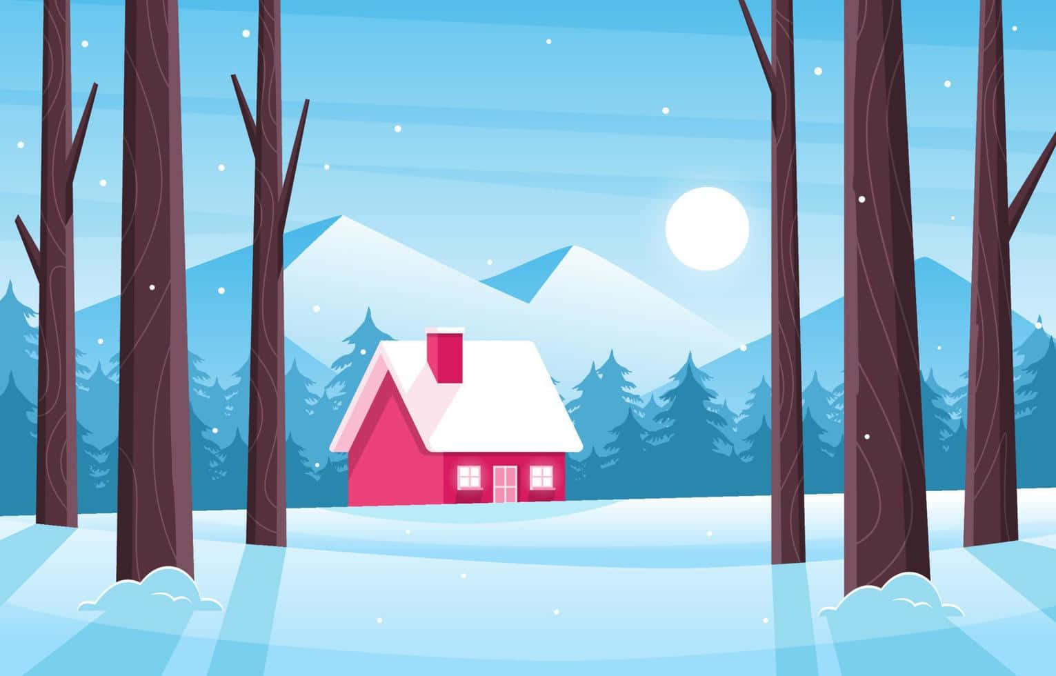 雪景 桌布 壁紙 — 一間舒適的粉紅色小屋坐落在雪白的森林中，周圍是白雪覆蓋的樹木和山脈，在明亮的月光下。