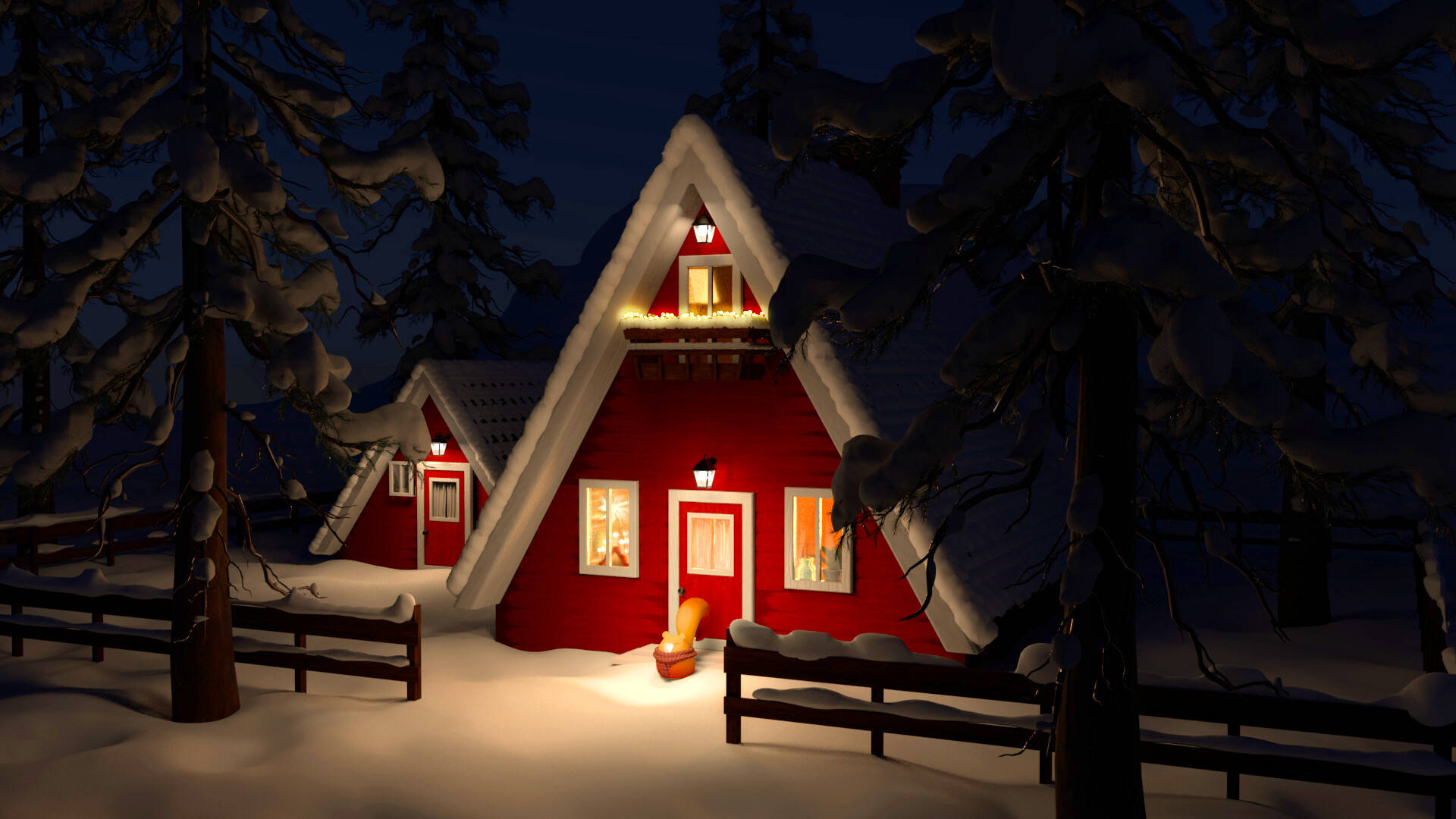 Winter House 桌布 壁紙 — 一間舒適的紅色小屋坐落在雪夜樹林中，窗戶透出溫暖燈光，周圍是白雪覆蓋的樹木。
