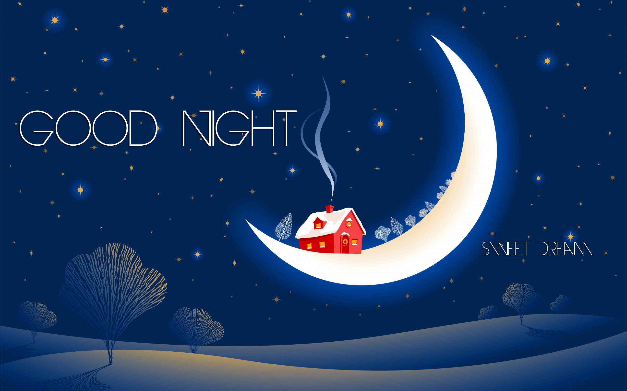 Good Night 桌布 壁紙 — 一間舒適的紅色雪屋坐落在閃爍的彎月上，在星空夜空下，帶有「GOOD NIGHT」和「SWEET DREAM」文字。