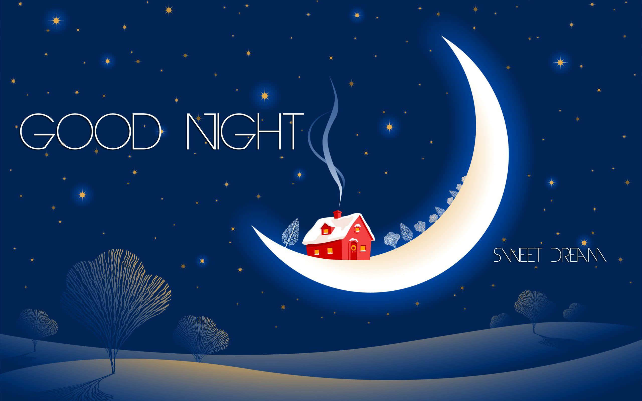 good night animated 桌布 壁紙 — 一間舒適的紅色雪屋坐落在閃爍的彎月上，下方是繁星點點的夜空，並帶有「GOOD NIGHT」和「SWEET DREAM」文字。