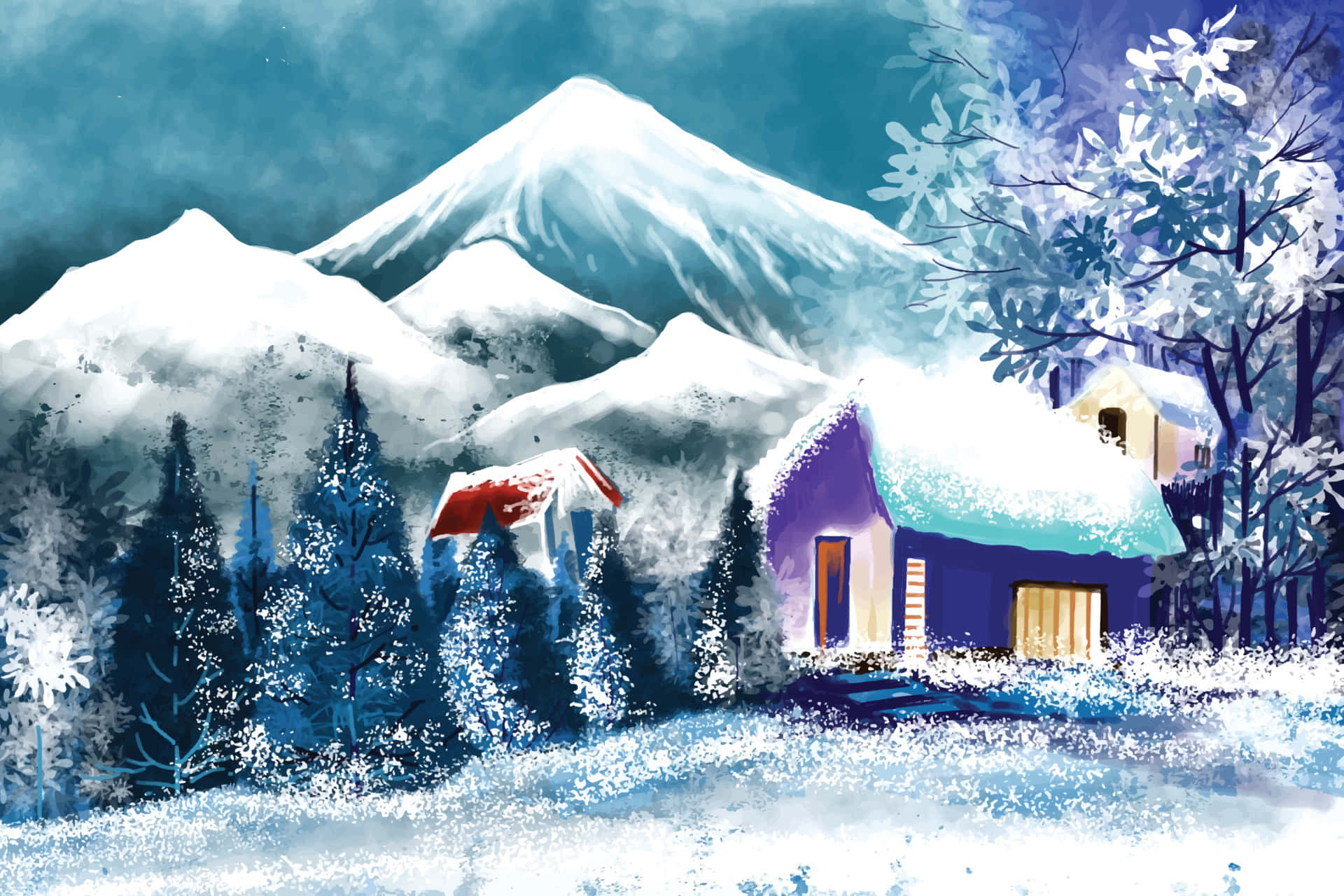 桌布 壁紙 — 一間舒適的紫色小屋坐落在雪林之中，背靠白雪覆蓋的山脈，沐浴在暮色天空下。