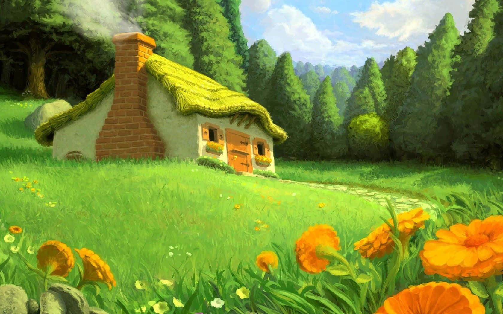 Animated Forest 桌布 壁紙 — 一間舒適的茅草屋坐落在陽光明媚的草地上，周圍有鮮豔的橙色花朵和高聳的綠樹，頭頂是明亮的藍天。