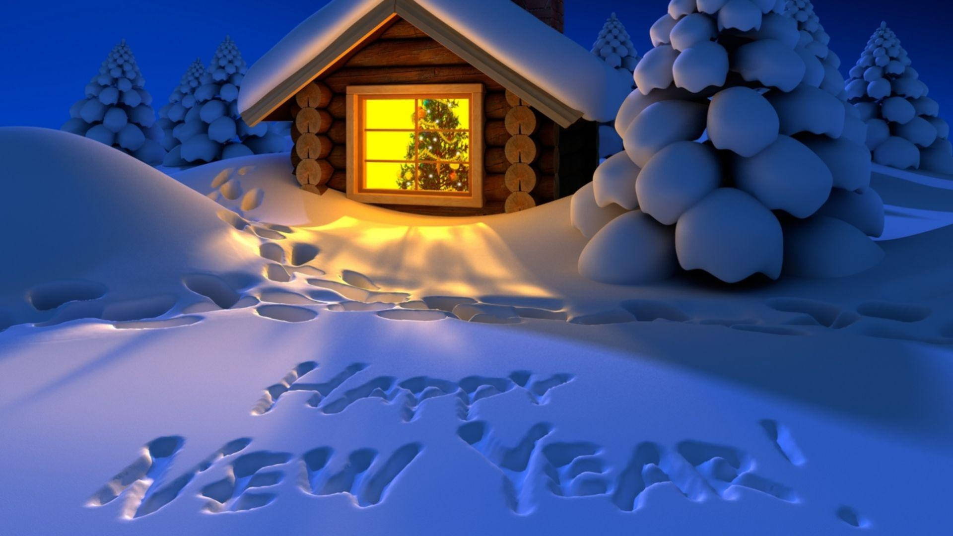 新年快樂 桌布 壁紙 — 一間舒適的被雪覆蓋的小屋在夜晚溫暖地發光，附近的雪地上寫著「HAPPY NEW YEAR!」。