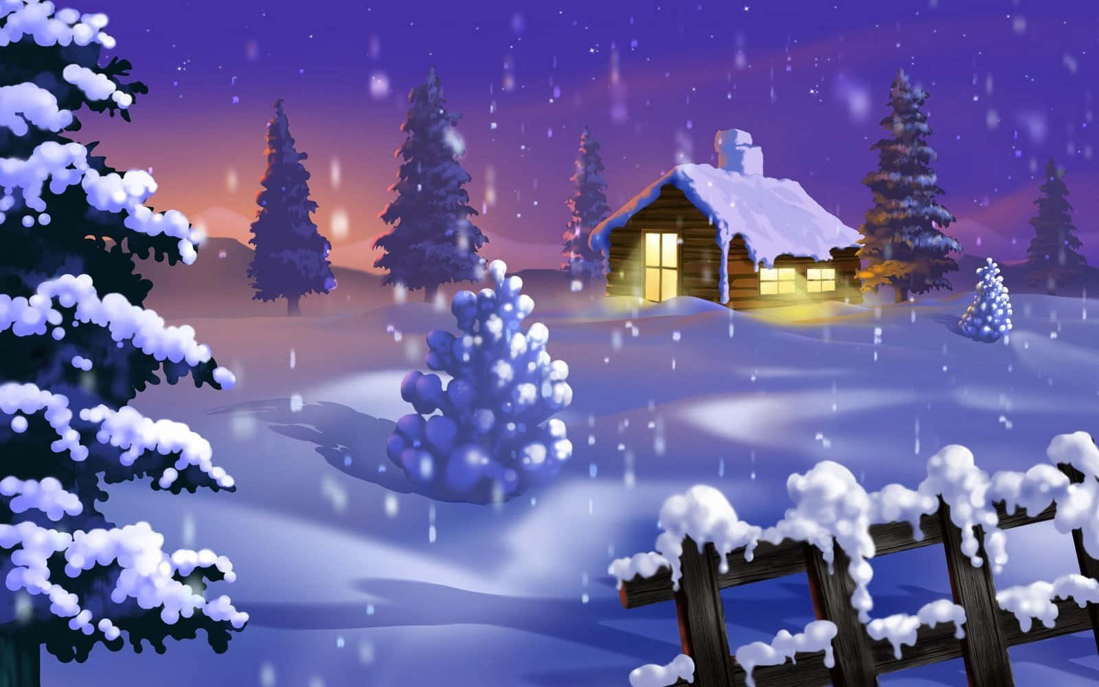 聖誕節 桌布 壁紙 — 一間舒適的被雪覆蓋的小屋在星光燦爛的紫色暮色天空下溫暖地發光，雪花輕輕落在松樹和木柵欄周圍。