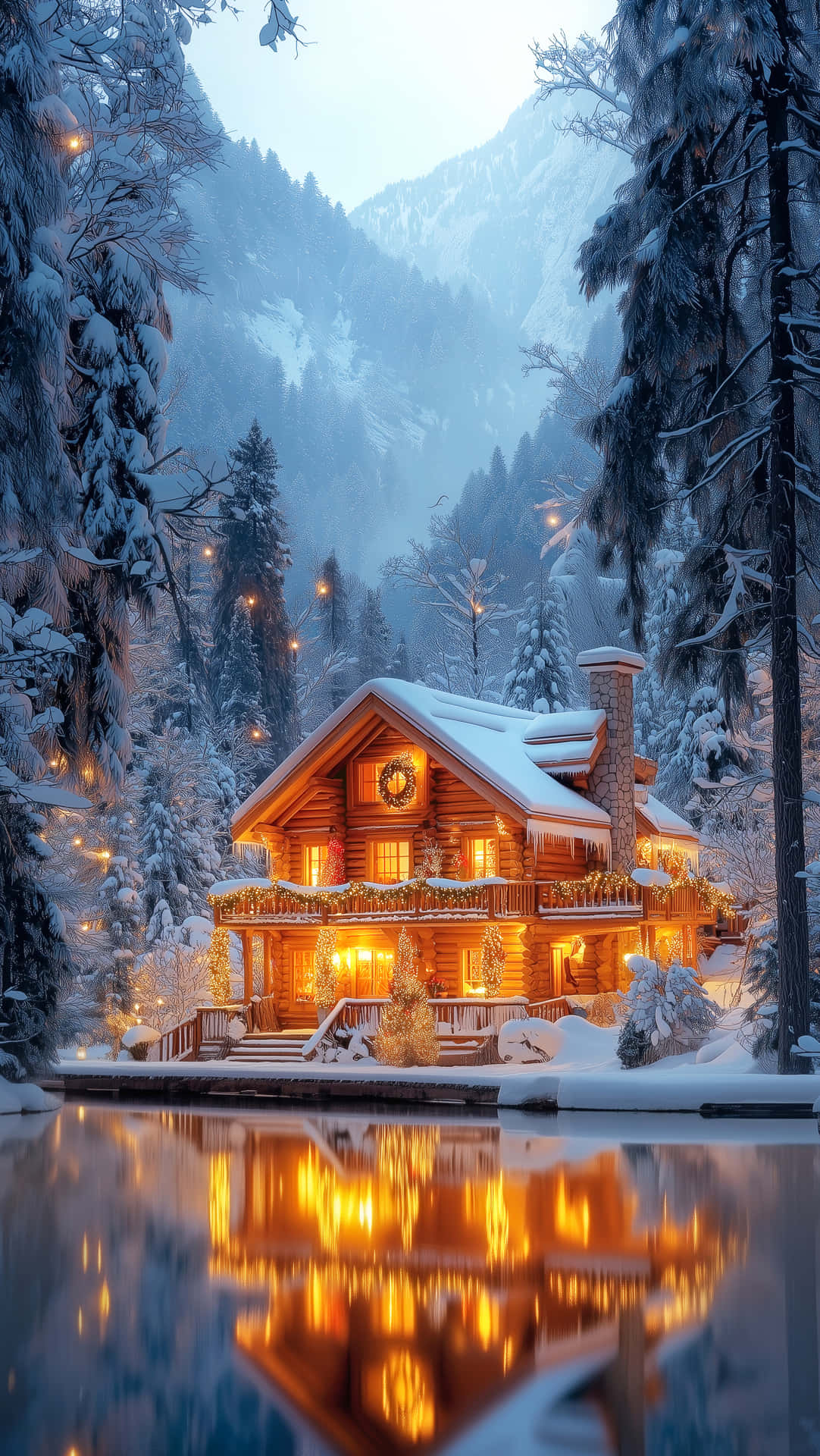 Christmas Wallpapers winter, snow 壁紙 — 一間舒適的被雪覆蓋的木屋，溫暖發光的窗戶和節日燈飾完美地倒映在平靜的冬季湖泊中，周圍是積雪的松樹。