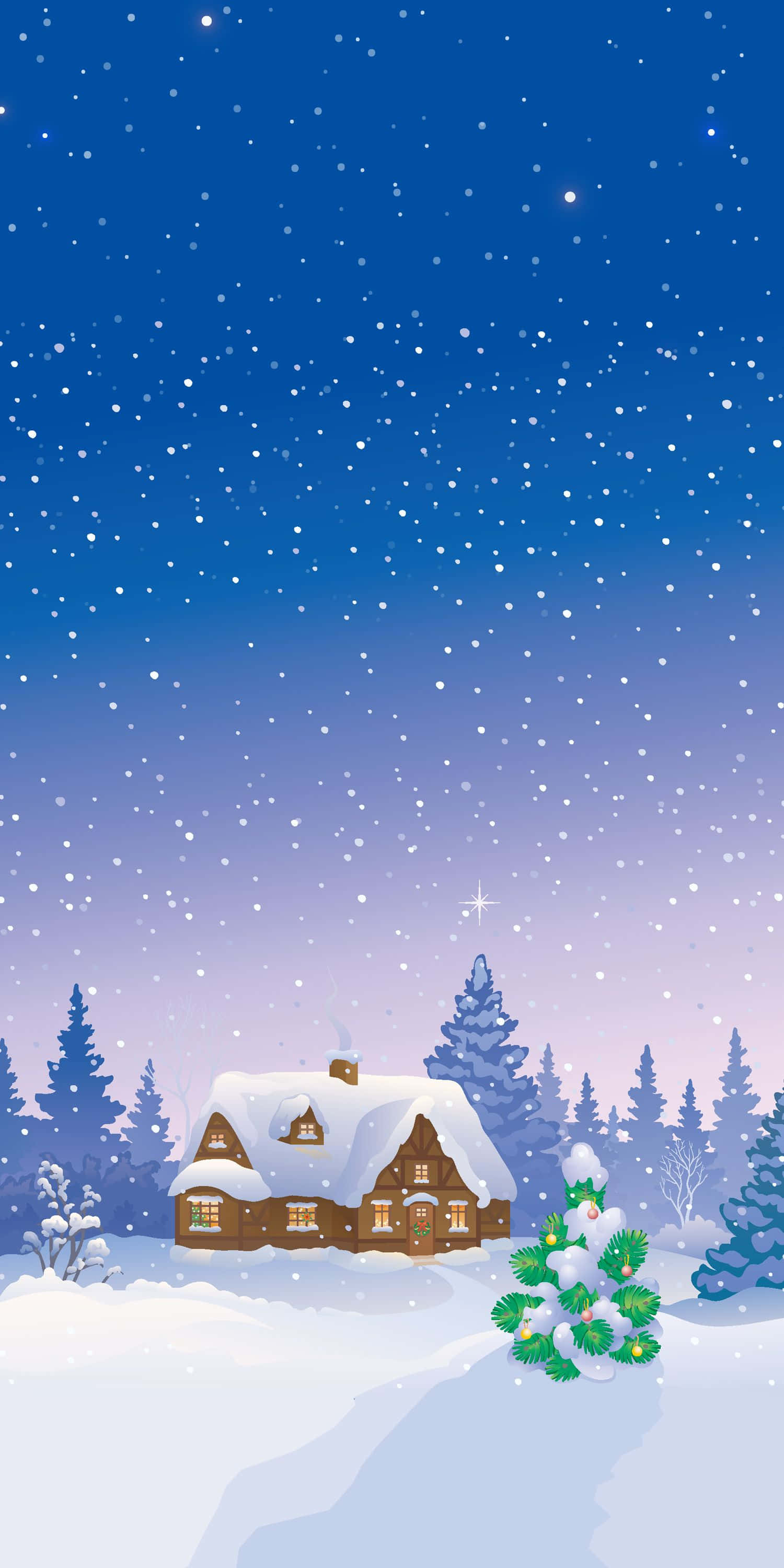 Snow Falling 桌布 壁紙 — 一間舒適的雪覆蓋小屋，坐落在冬季樹林中，在星光燦爛的暮色天空下，飄著雪花。