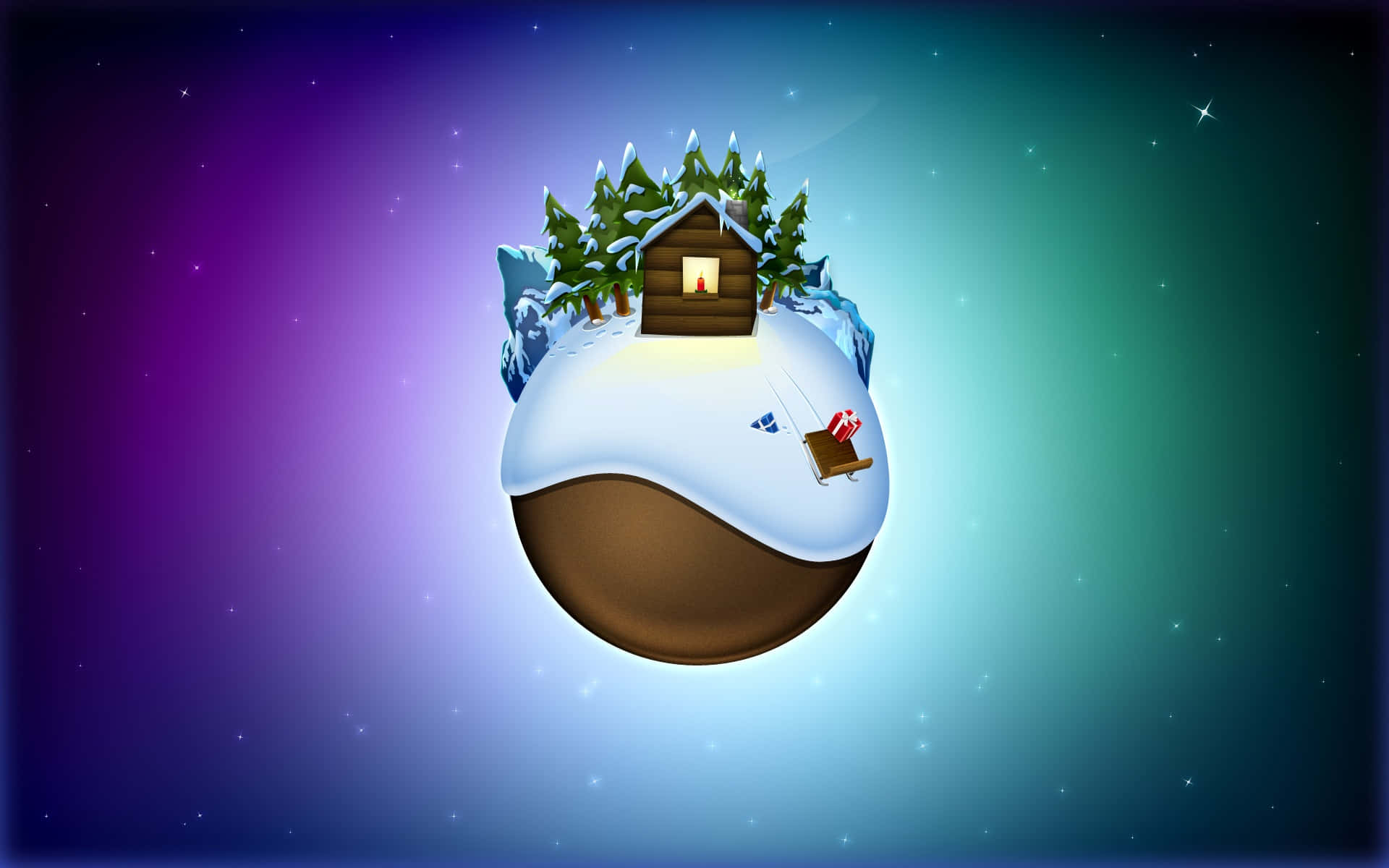 Minimalist Christmas Desktop 桌布 壁紙 — 一間舒適的雪覆蓋小屋，帶有亮著的窗戶，坐落於一個被星星和松樹環繞的漂浮地球儀上。
