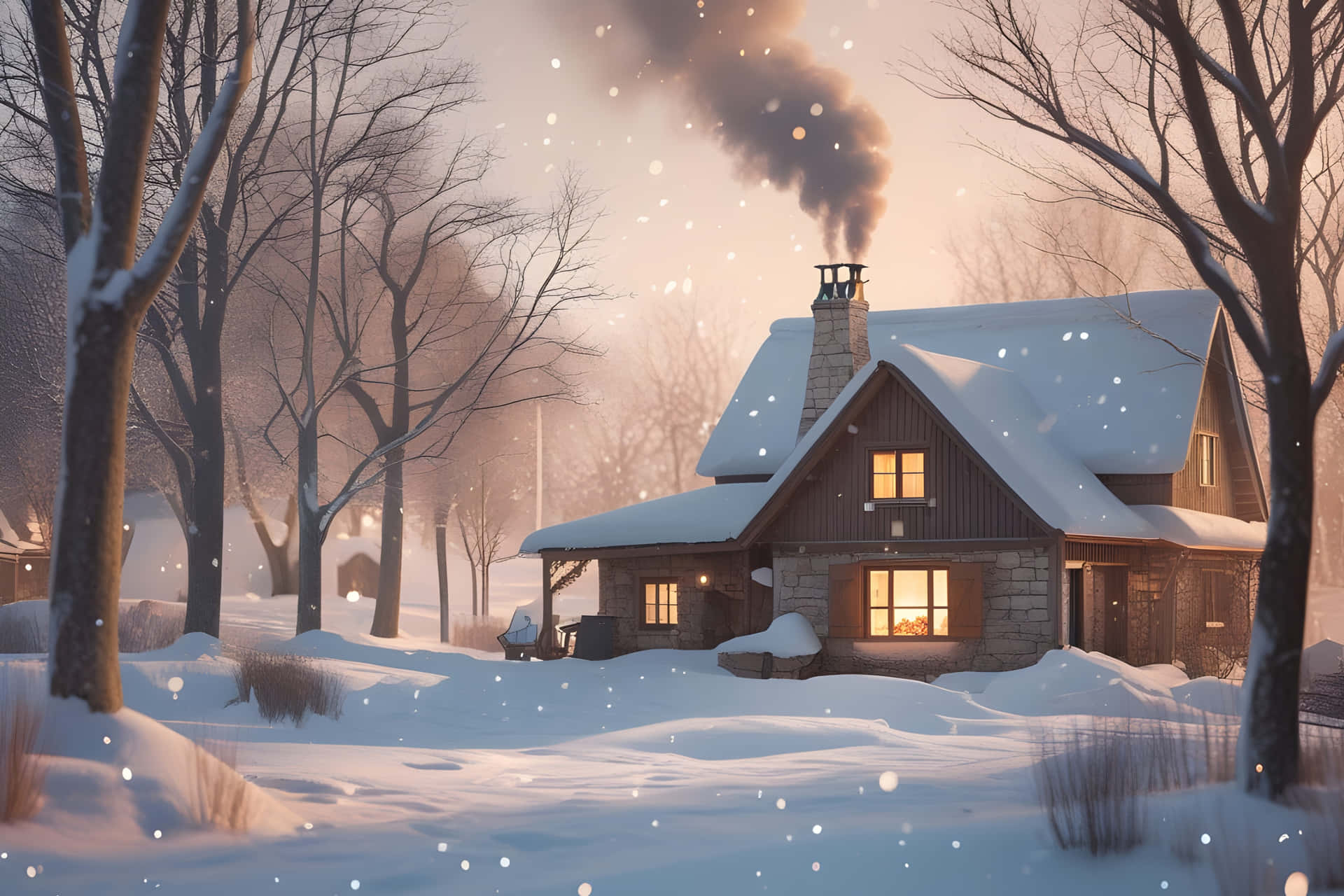 A charming house in the winter jungle 壁紙 — 一間舒適的雪覆蓋小屋，帶有溫暖發光的窗戶和冒煙的煙囪，在黃昏時分的冬季森林中寧靜地矗立。