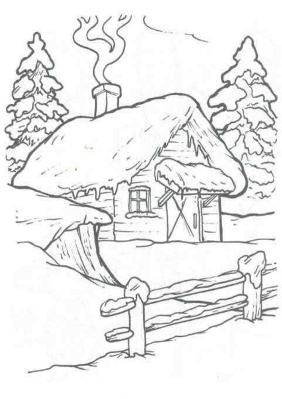聖誕節 桌布 壁紙 — 一間舒適的雪覆蓋小屋，煙囪冒著煙，坐落在松樹和灑滿雪的籬笆之間。