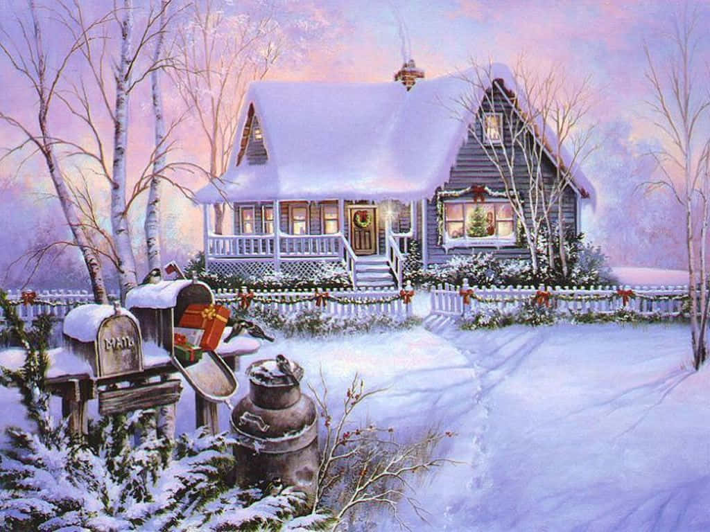 Winter Scene 桌布 壁紙 — 一間舒適的雪覆蓋小屋，窗戶透出溫暖燈光，周圍是光禿禿的樹木和節日裝飾，在柔和的暮色天空下。