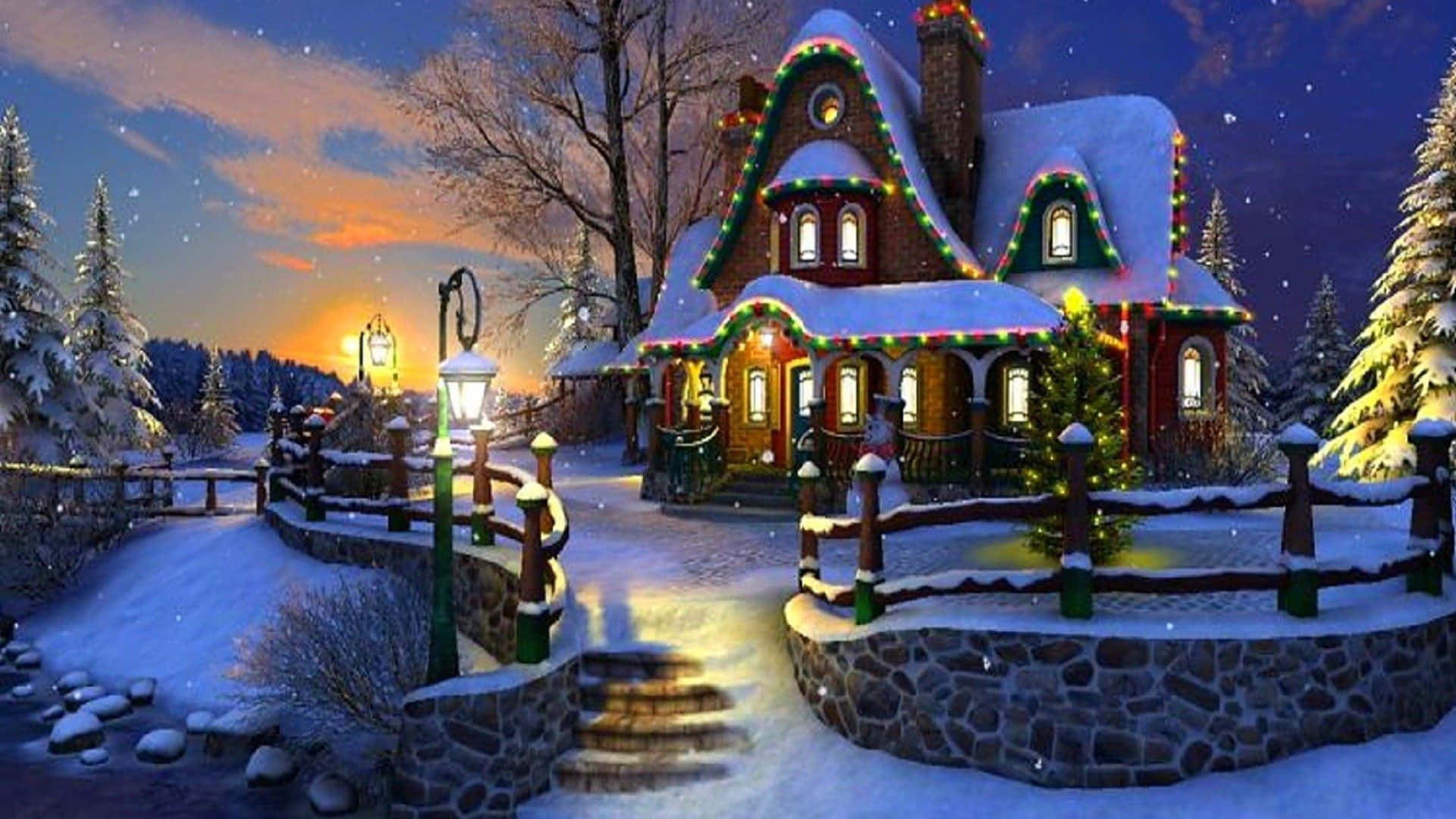 Christmas Snow 桌布 壁紙 — 一間舒適的雪覆蓋小屋，裝飾著五彩燈光，在暮色冬夜中溫暖地發光。