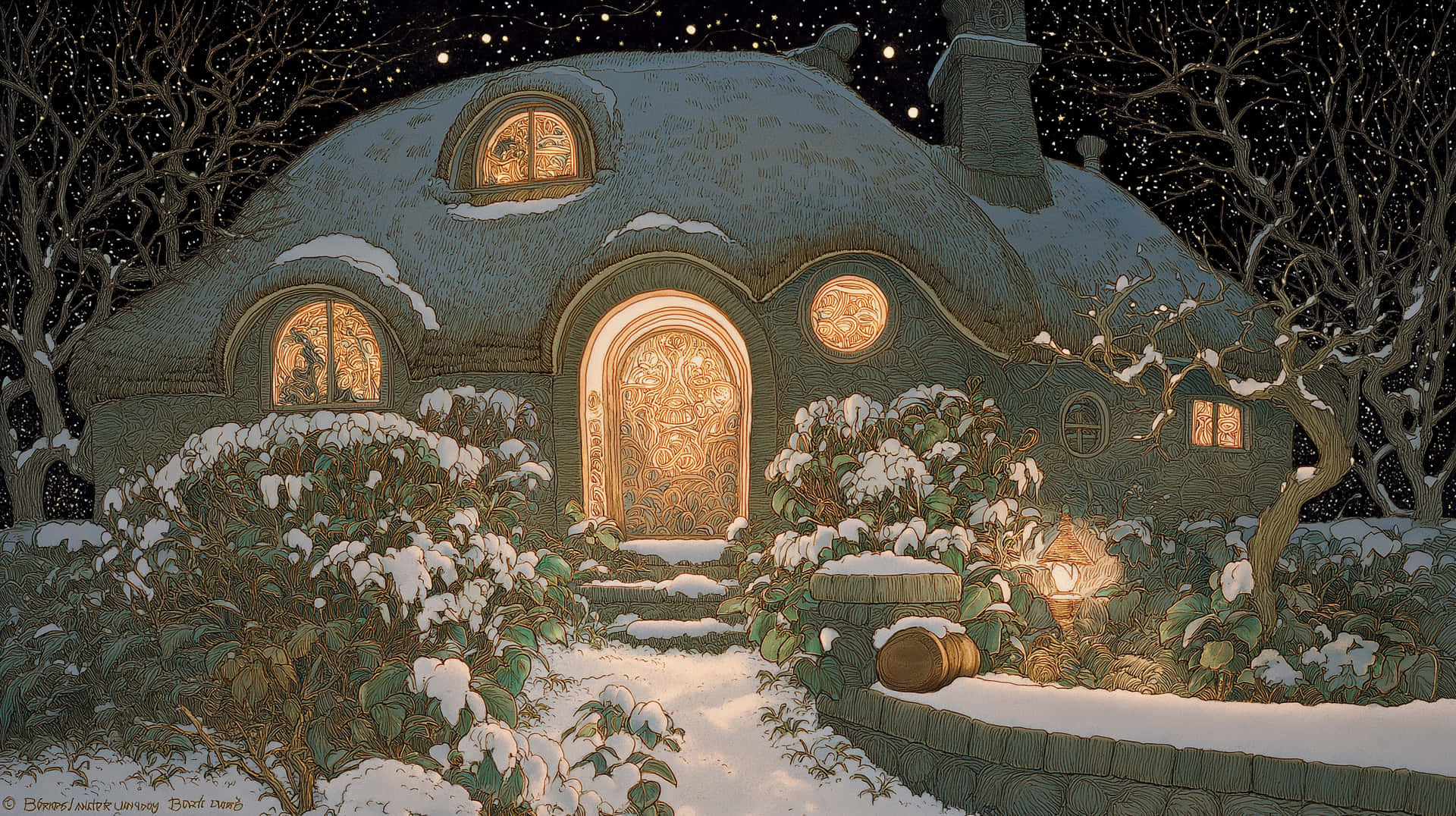 Whimsical Storybook Cottage with a Thatched Roof in Snow 壁紙 — 一間舒適的雪覆蓋小屋，閃爍的窗戶和華麗的門，在繁星點點的夜空下。