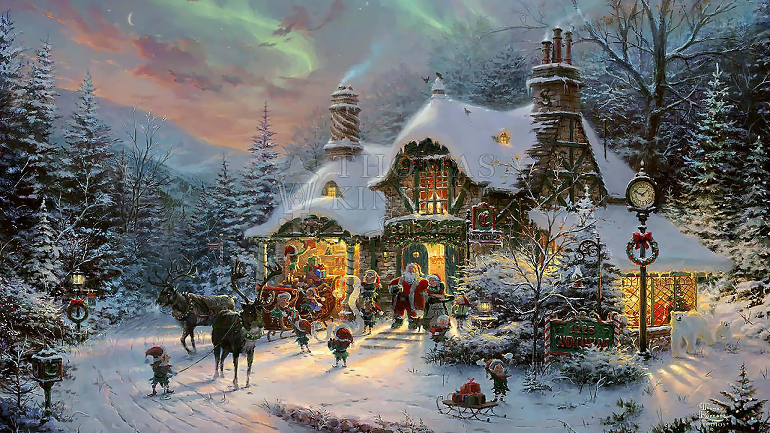 1920x1080 HD Christmas 桌布 壁紙 — 一間舒適的雪覆蓋小屋在充滿活力的北極光下溫暖地發光，聖誕老人和馴鹿帶著孩子們來到一個神奇的冬季仙境。