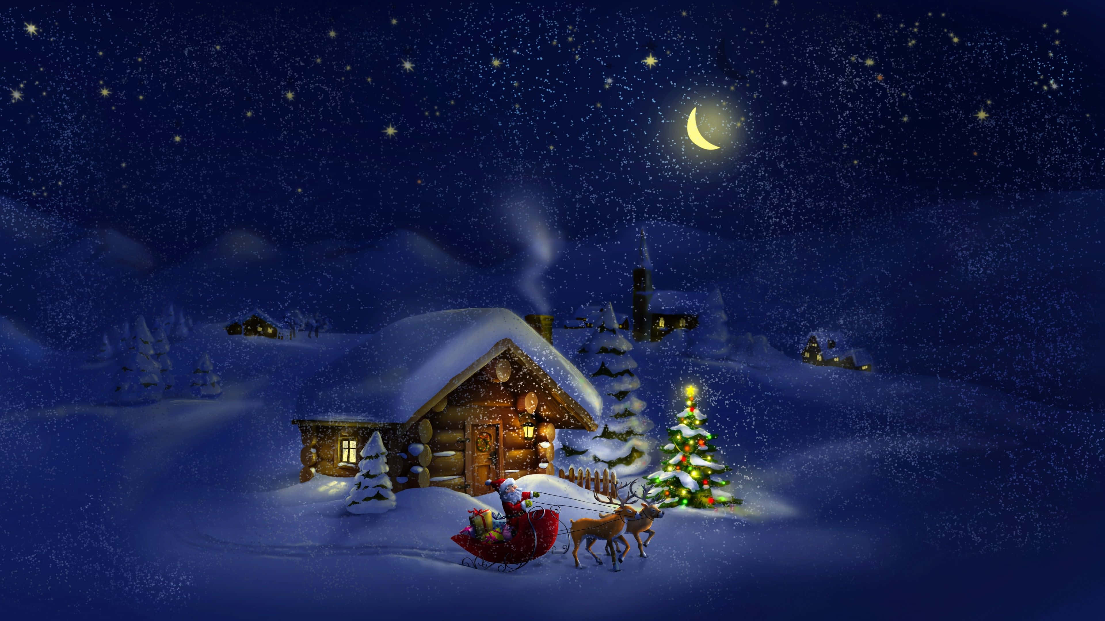 Santa Claus 桌布 壁紙 — 一間舒適的雪覆蓋小屋在星夜下溫暖地發光，新月高掛，聖誕老人的雪橇和馴鹿在裝飾好的聖誕樹旁稍作停留。