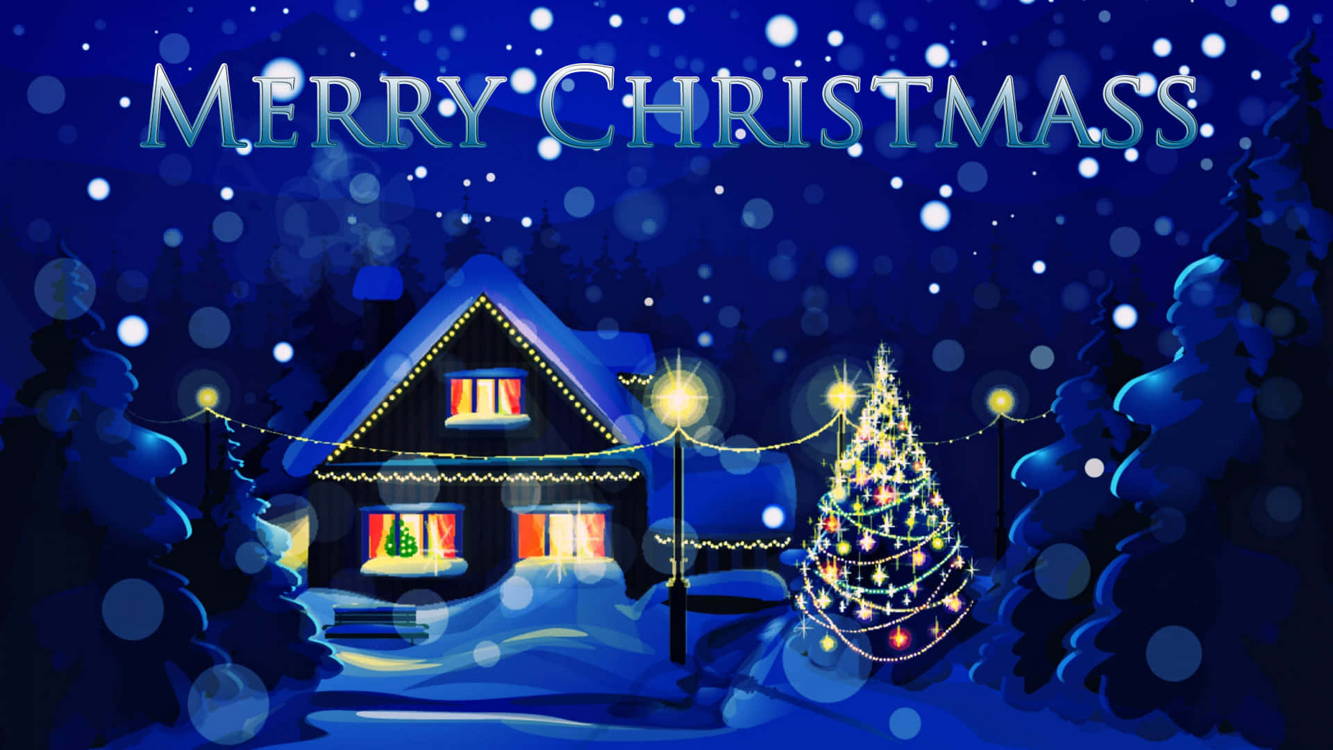 3d Christmas 桌布 壁紙 — 一間舒適的雪覆蓋小屋在星空下溫暖地發光，裝飾著聖誕樹和飄落的雪花。
