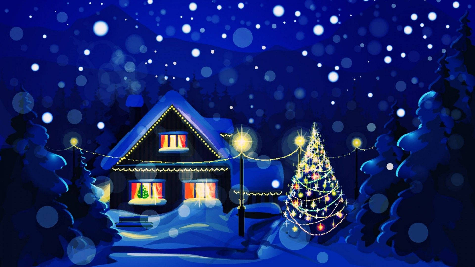 聖誕節 桌布 壁紙 — 一間舒適的雪覆蓋小屋在星空下溫暖地發光，雪花飄落，附近有一棵裝飾好的聖誕樹。