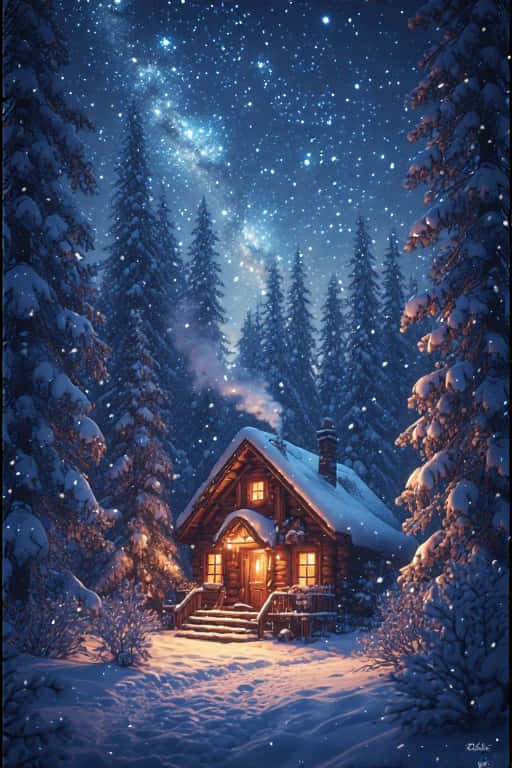 Snowy Winter Cabin in Pine Forest Magical 4K 壁紙 — 一間舒適的雪覆蓋小屋在星空下溫暖地發光，飄雪和松樹。