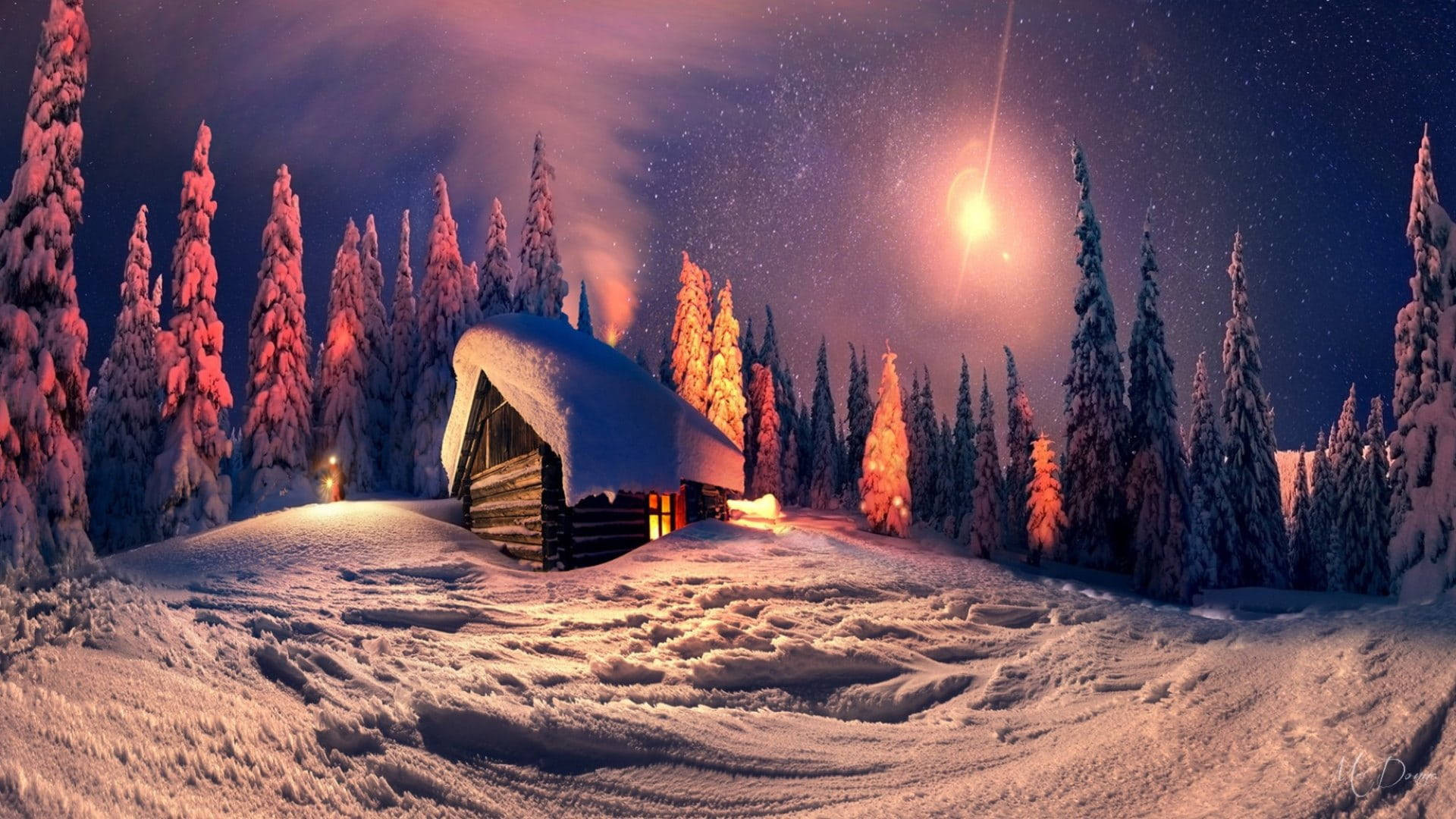 Winter 桌布 壁紙 — 一間舒適的雪覆蓋小屋在繁星點點的冬夜天空下溫暖地發光，一顆明亮的流星劃過天際。