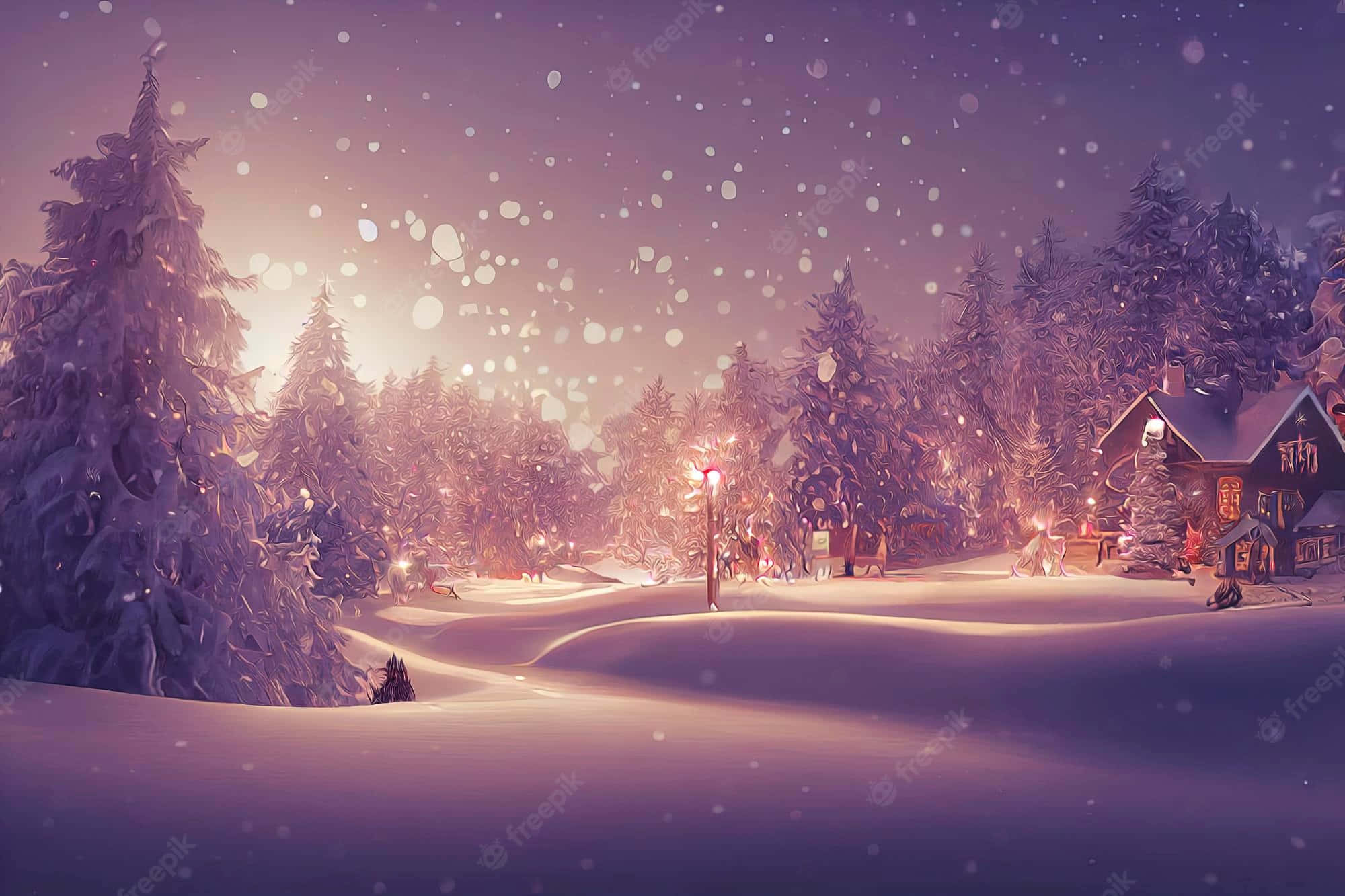 雪 桌布 壁紙 — 一間舒適的雪覆蓋小屋坐落在松樹林中，在神奇的紫色暮色天空下，雪花飄落。