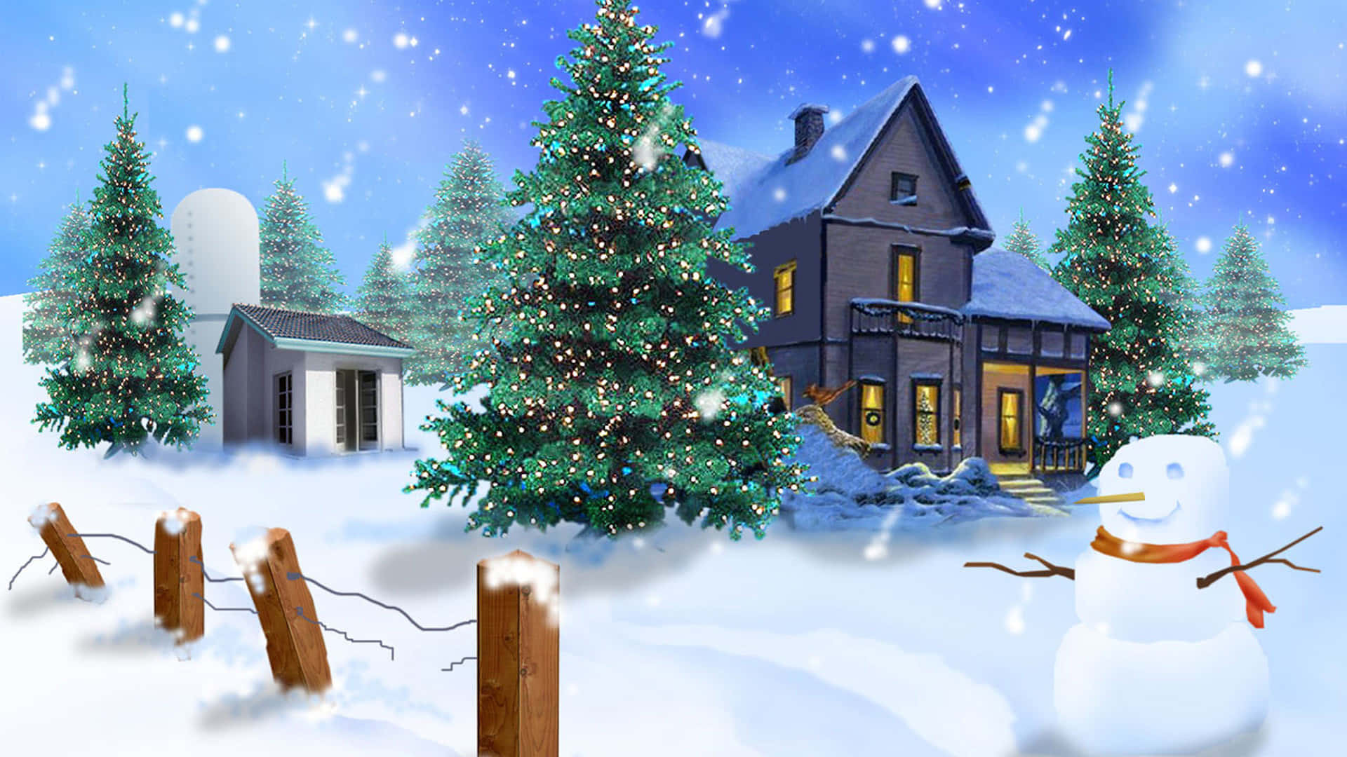 3d Christmas 桌布 壁紙 — 一間舒適的雪覆蓋房屋，溫暖的燈光在飄落的雪中閃耀，旁邊有一個快樂的雪人和裝飾的常青樹。