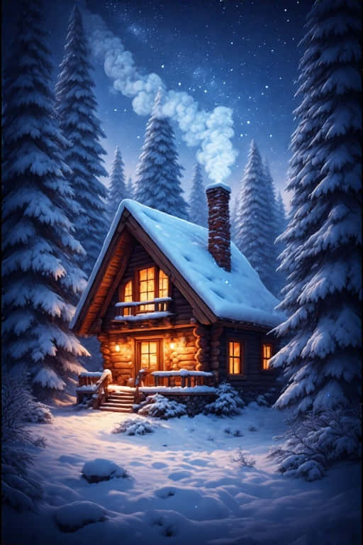 Snowy Winter Cabin in Pine Forest Magical 4K 壁紙 — 一間舒適的雪覆蓋木屋，有溫暖發光的窗戶和冒煙的煙囪，坐落在高大的松樹之間，在繁星點點的夜空下。