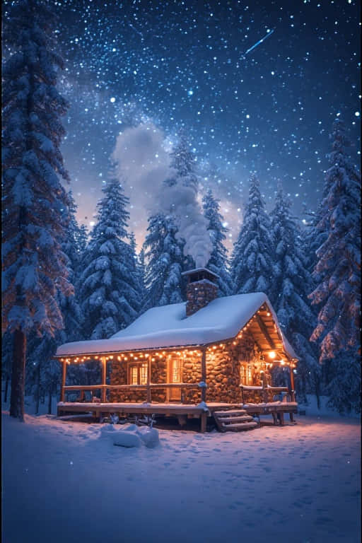 Snowy Winter Cabin in Pine Forest Magical 4K 壁紙 — 一間舒適的雪覆蓋木屋，溫暖的串燈在星空下閃爍，上方有一顆流星。