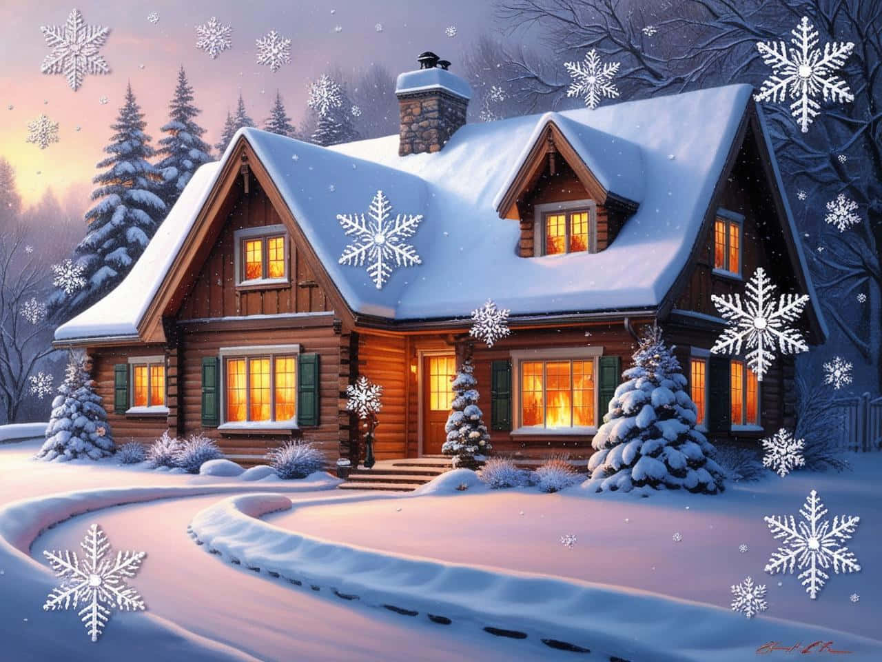 Snowflakes Falling 壁紙 — 一間舒適的雪覆蓋木屋，窗戶發光，在暮色冬林中溫暖地亮著，雪花飄落。