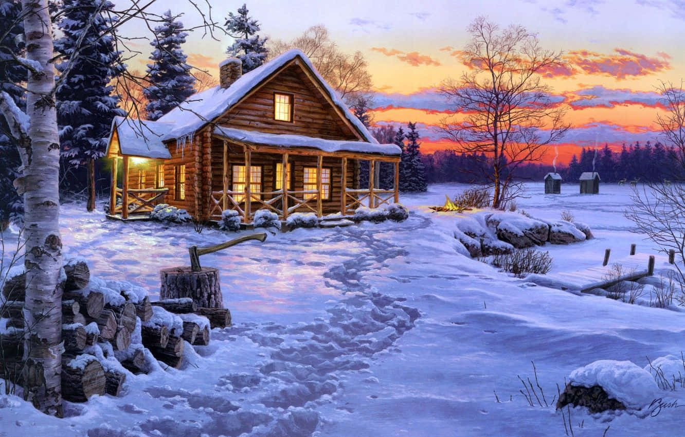 Winter Painting 桌布 壁紙 — 一間舒適的雪覆蓋木屋在冬日夕陽下溫暖地發光，周圍是光禿的樹木和冰凍的地面。