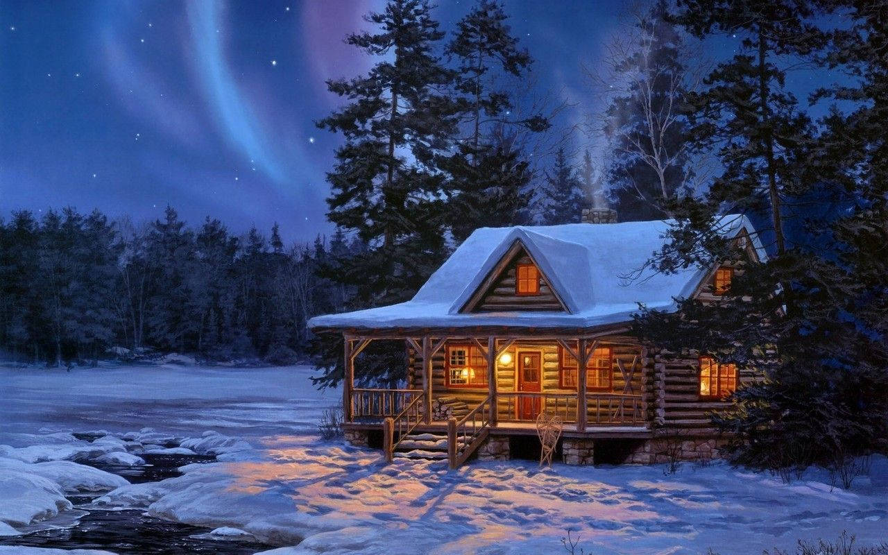 old 桌布 壁紙 — 一間舒適的雪覆蓋木屋在星空下溫暖地發光，上空有舞動的極光。