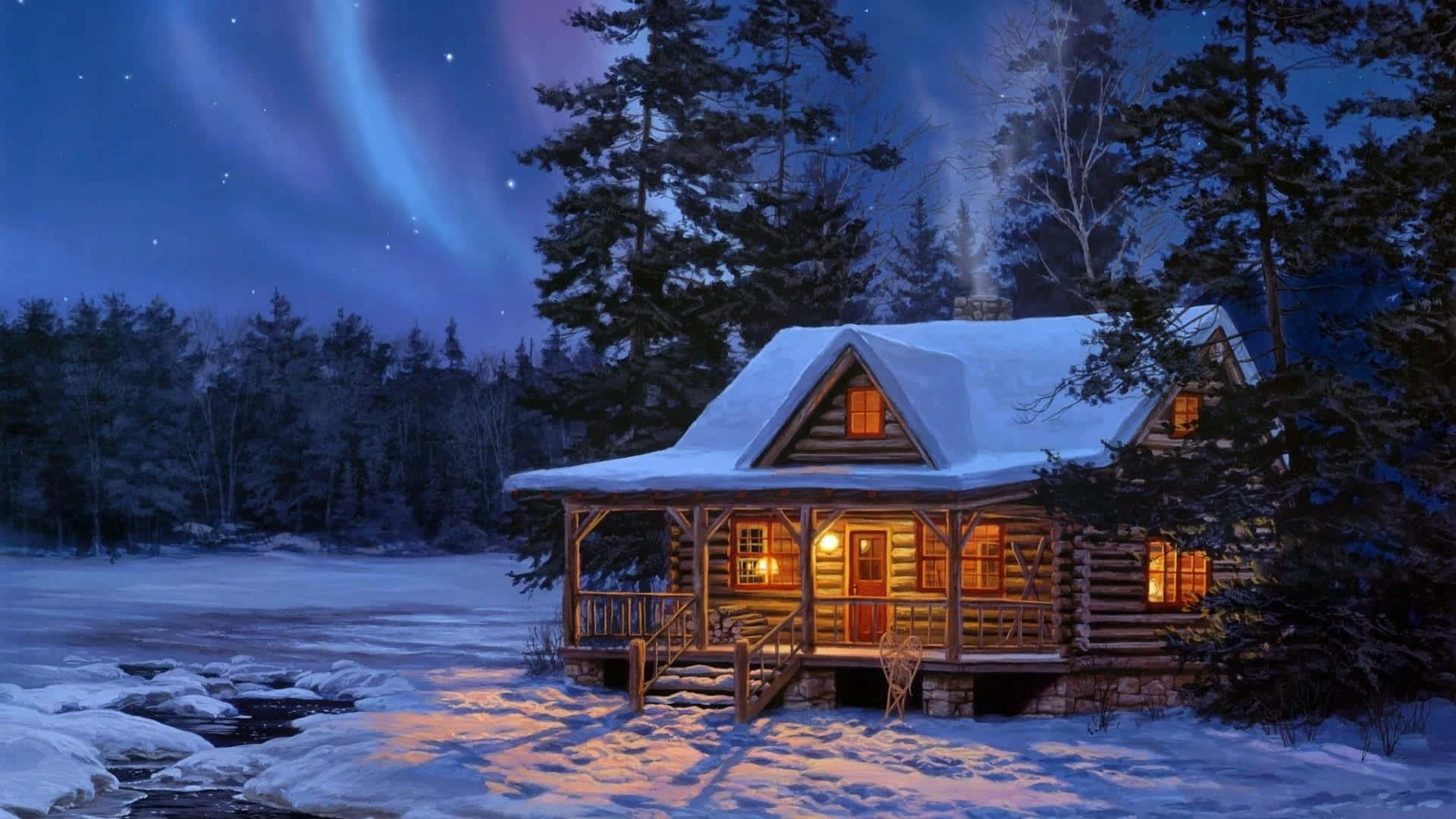 Old Winter 桌布 壁紙 — 一間舒適的雪覆蓋木屋在星空下溫暖地發光，上方有舞動的極光。