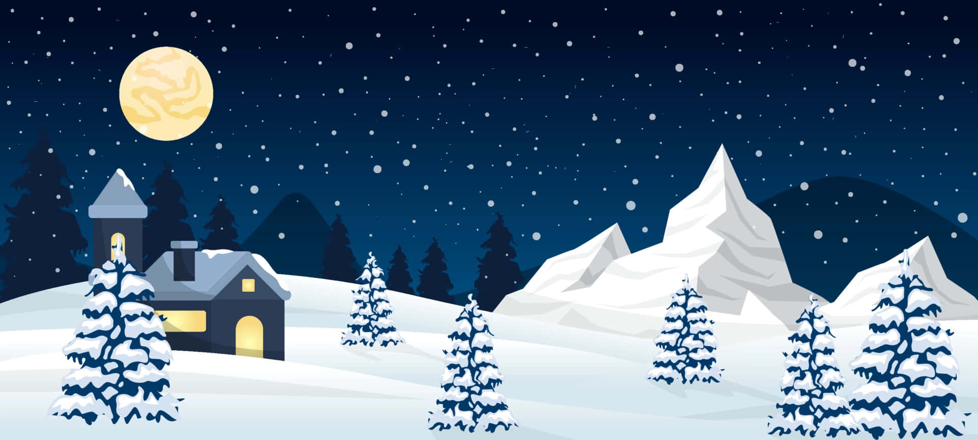 冬天 桌布 壁紙 — 一間舒適的雪覆蓋的房子，在滿月下，在冬季森林中閃爍著溫暖的燈光，周圍是覆蓋著雪的松樹和遠山。
