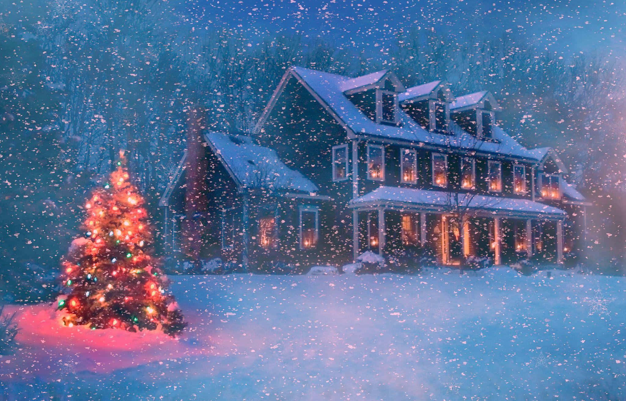 Christmas Snow 桌布 壁紙 — 一間舒適的雪覆蓋的房子在夜晚溫暖地發光，雪花飄落在庭院中明亮照亮的聖誕樹周圍。
