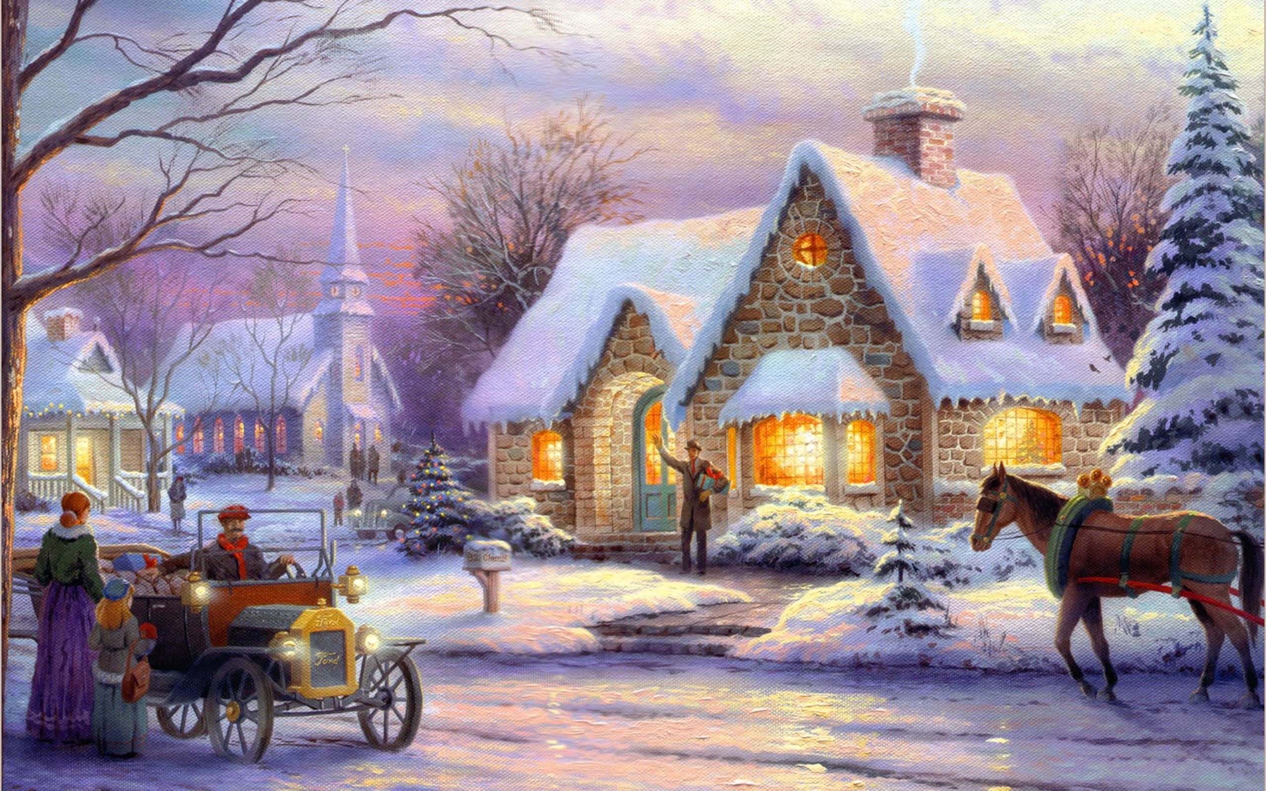 Winter Painting 桌布 壁紙 — 一間舒適的雪覆蓋石屋在黃昏時溫暖地發光，一輛馬車在寧靜的冬季村莊附近等候。