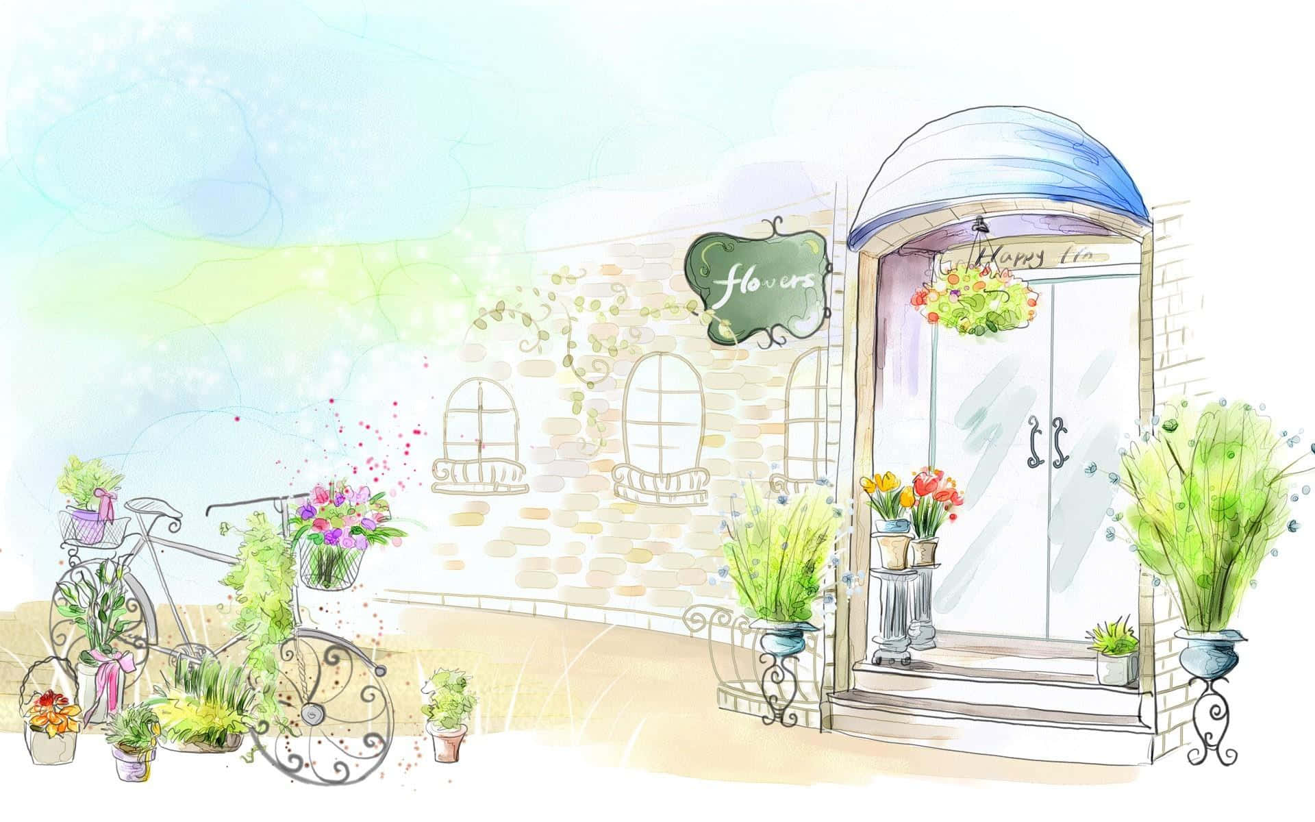 Flower Shop 桌布 壁紙 — 一間花店的可愛水彩插圖，店外有一輛裝飾著鮮花和色彩繽紛盆栽的腳踏車。
