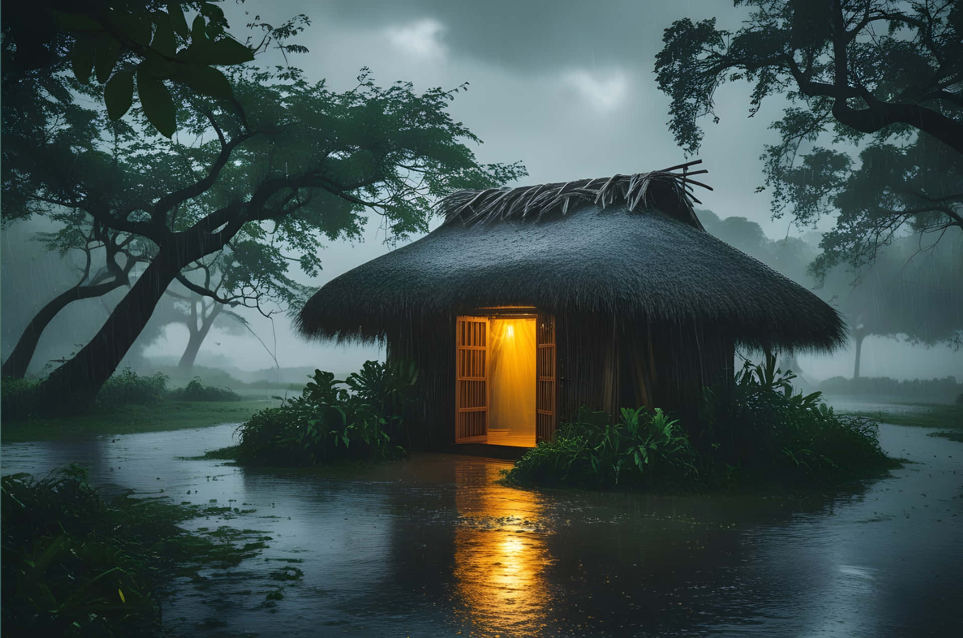 the rainy session with a small hut 壁紙 — 一間茅草屋頂的小屋散發著溫暖的光芒，孤獨地矗立在霧氣瀰漫、雨水浸透的沼澤中，四周環繞著黑暗的樹木。