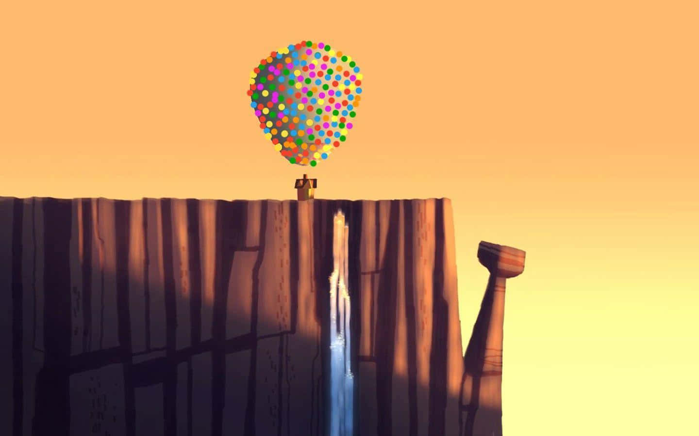 Animated 桌布 壁紙 — 一間被一群彩色氣球升起的房子在日落時分漂浮在峽谷上空。