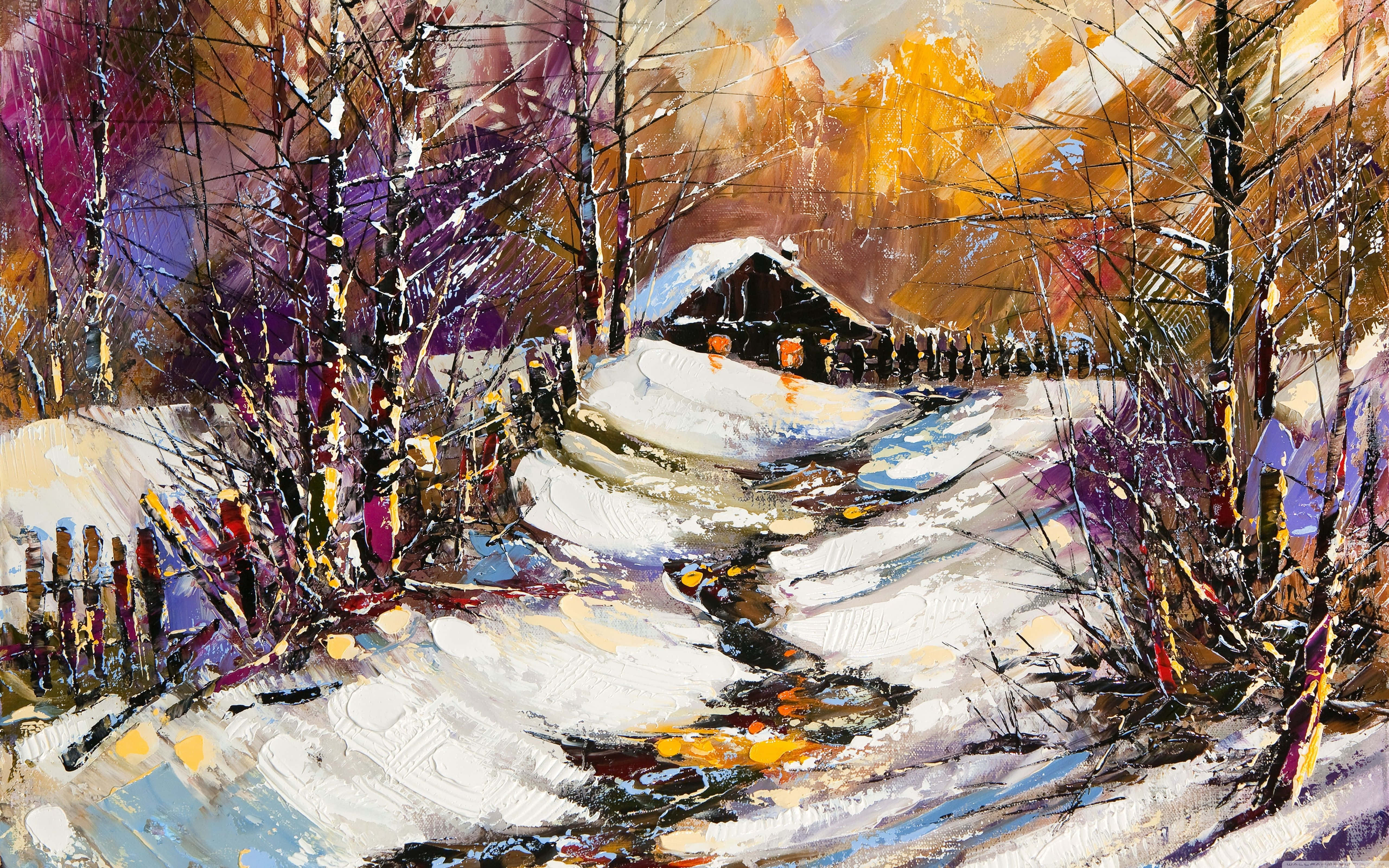Oil Painting 桌布 壁紙 — 一間被雪覆蓋的小屋，坐落在充滿活力的冬季森林中，帶有大膽的筆觸和紫橙色調。