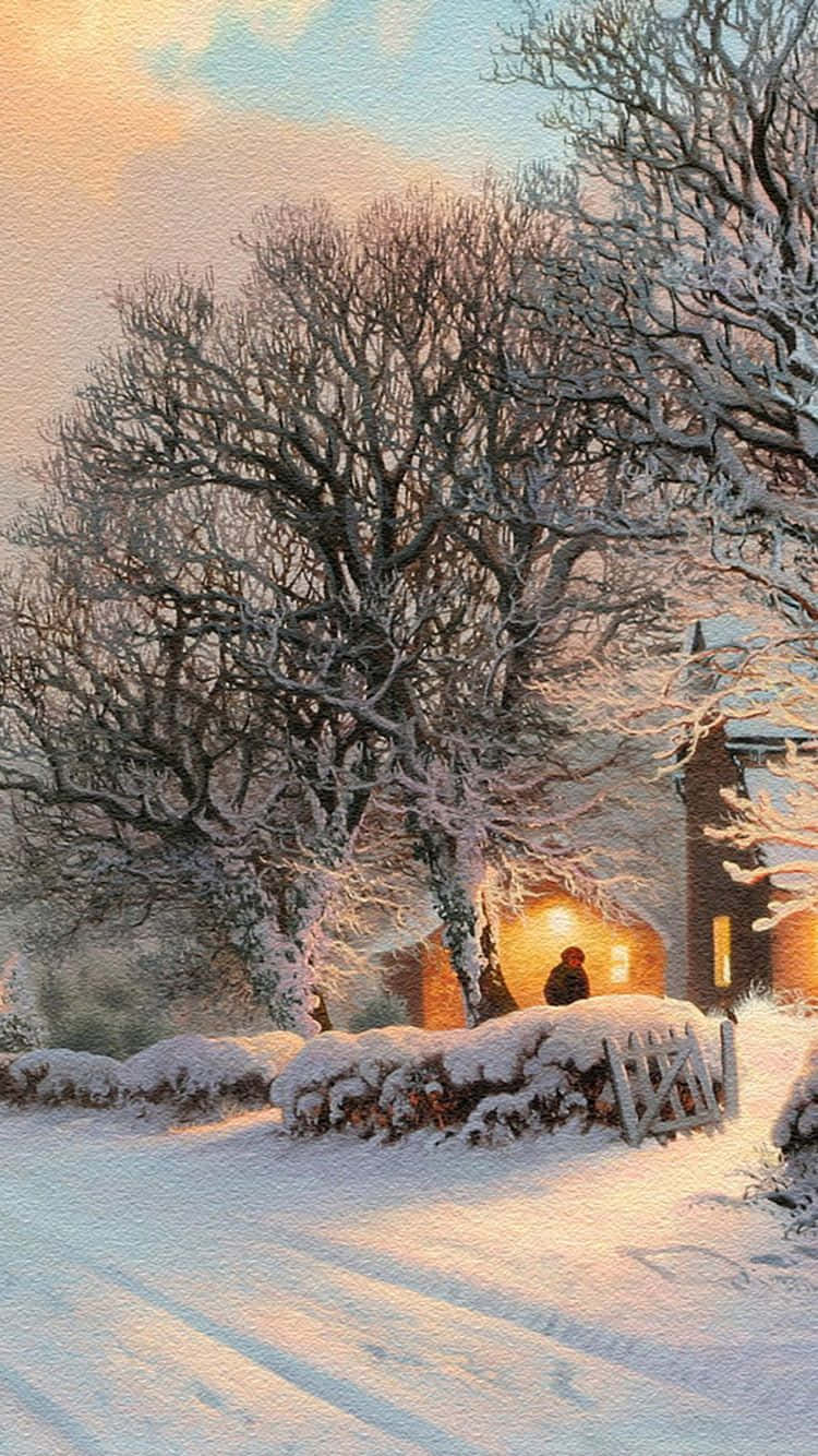 Christmas iPhone 桌布 壁紙 — 一間被雪覆蓋的小屋在黃昏時溫暖地發光，光禿禿的樹木在柔和粉彩天空下框住場景。