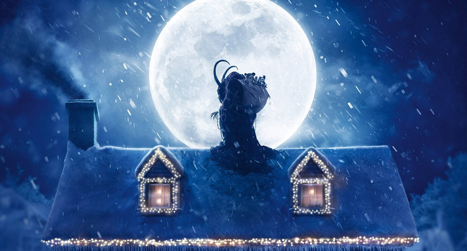 恐怖動圖 桌布 壁紙 — 一間被雪覆蓋的房子，窗戶閃爍著光芒，矗立在巨大的滿月下，雪花飄落，營造出神奇的冬夜。