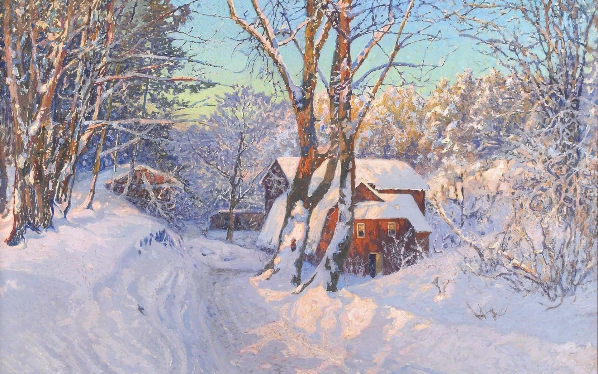 Winter Art 桌布 壁紙 — 一間被雪覆蓋的紅色小屋，坐落在冬季森林中，周圍是光禿禿的樹木，柔和的光線穿過樹林。